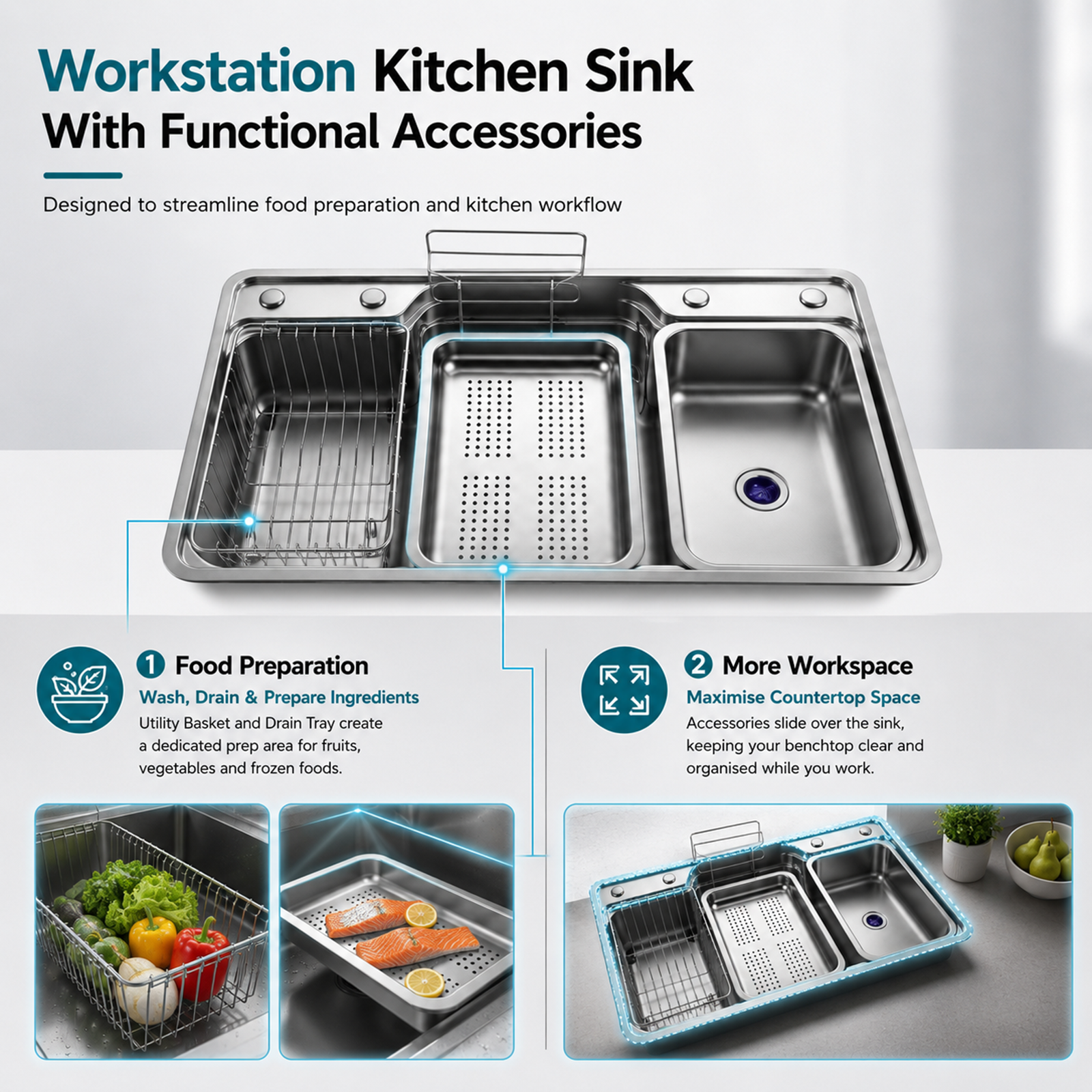 Brushed Stainless Steel Workstation Kitchen Sink Single Bowl with Accessories 802x502mm 220mm Deep Noxwell KSSV-8050 - KSSV-8050 - 802x502mm