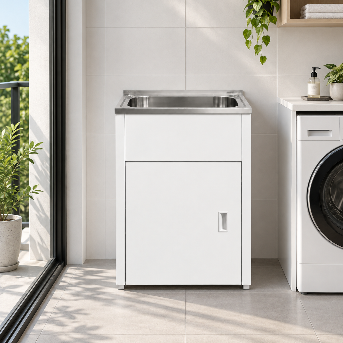 600mm Noxwell White Freestanding Laundry Sink Cabinet Stainless Steel Tub