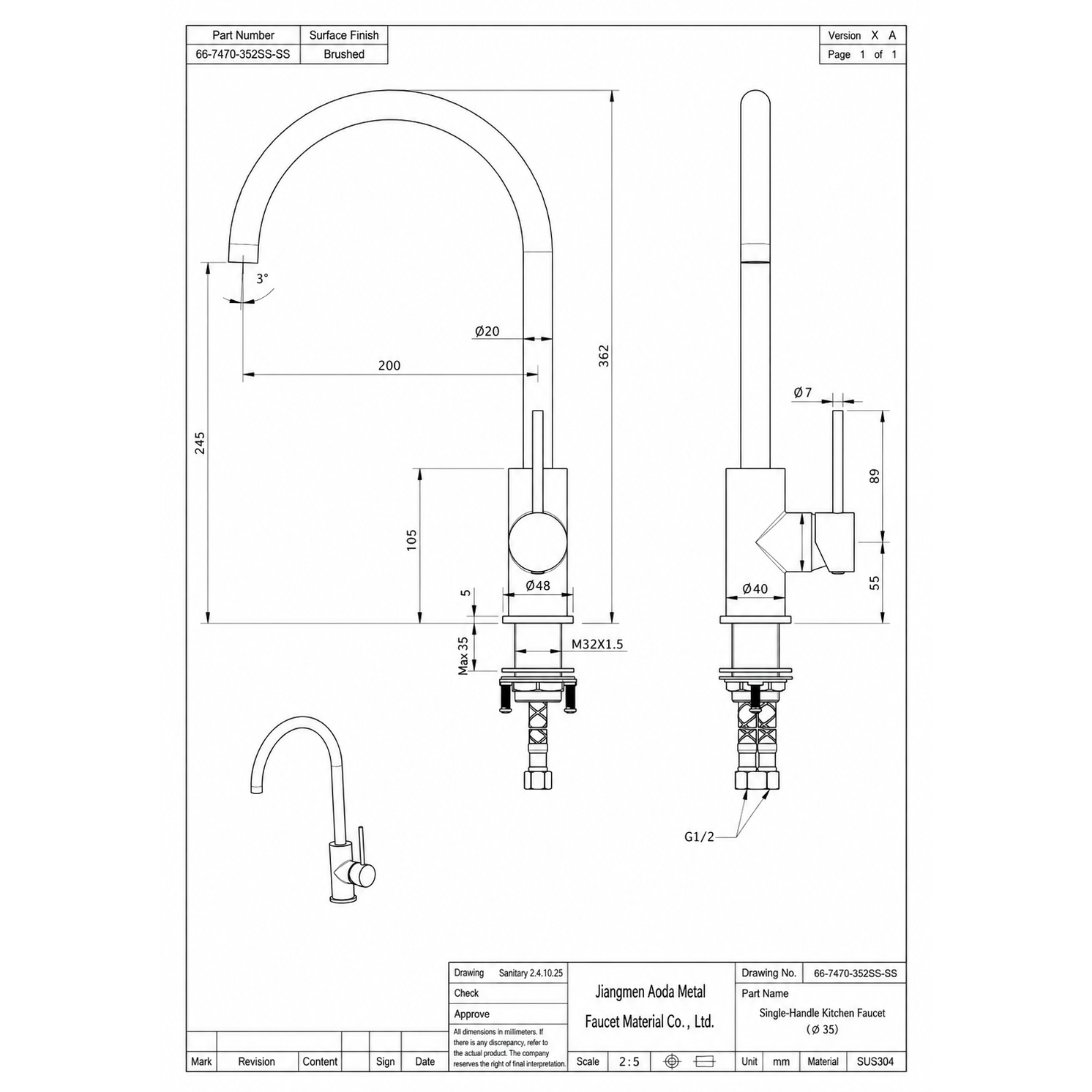 Stainless Steel Kitchen Faucet Tap Mixer High Arc Brushed 360° Swivel 362mm Noxwell KMSV-7470