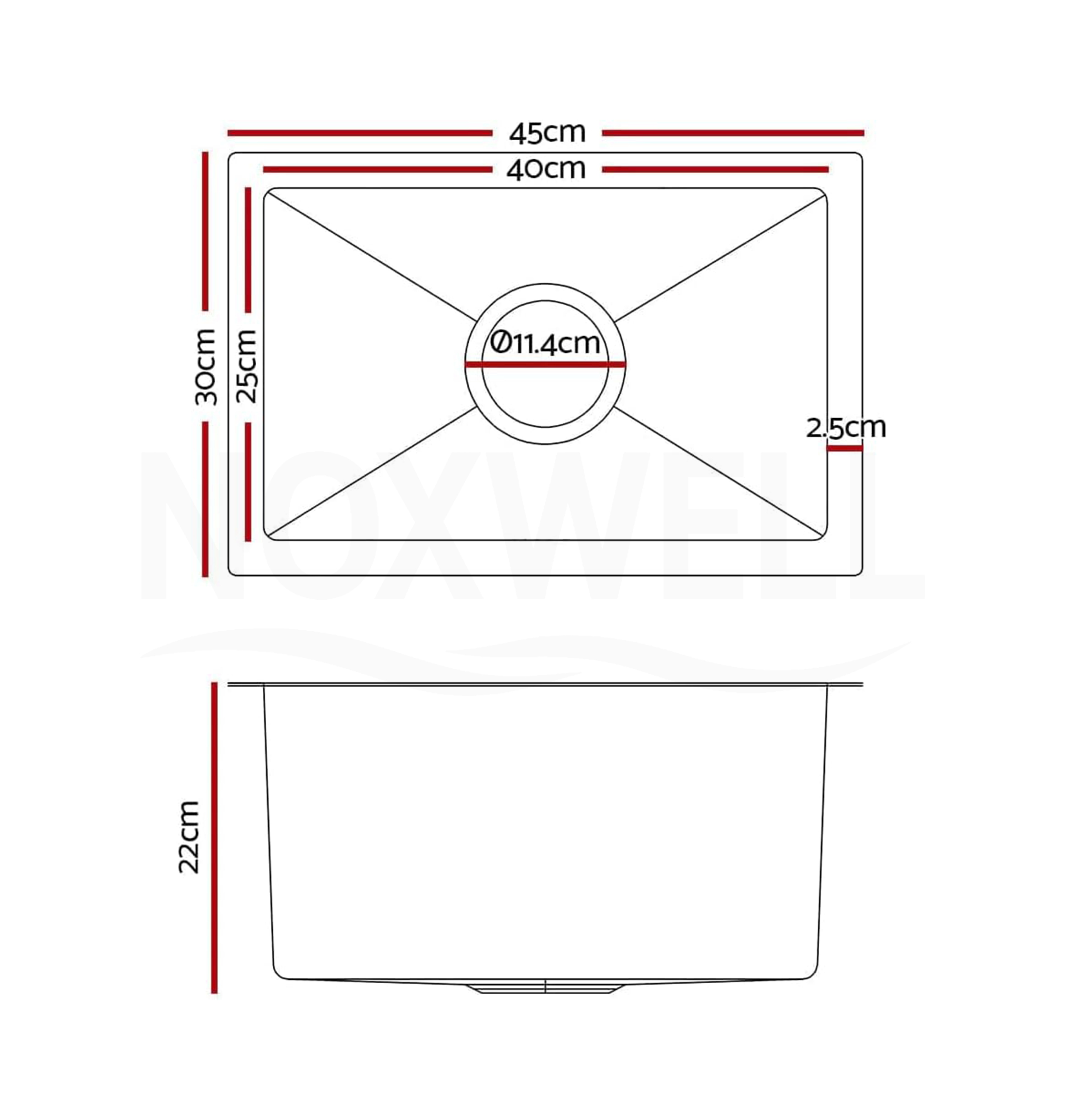 Brushed Silver Kitchen Sink Single Bowl 450x300mm 220mm Deep Noxwell KSSV-4530