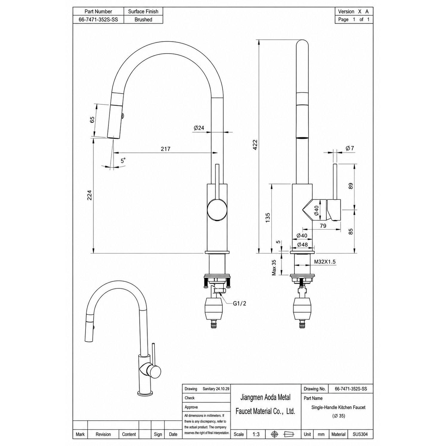 Matte Black Kitchen Tap Mixer Pull Out Stainless Steel 422mm Noxwell KMBL-7471