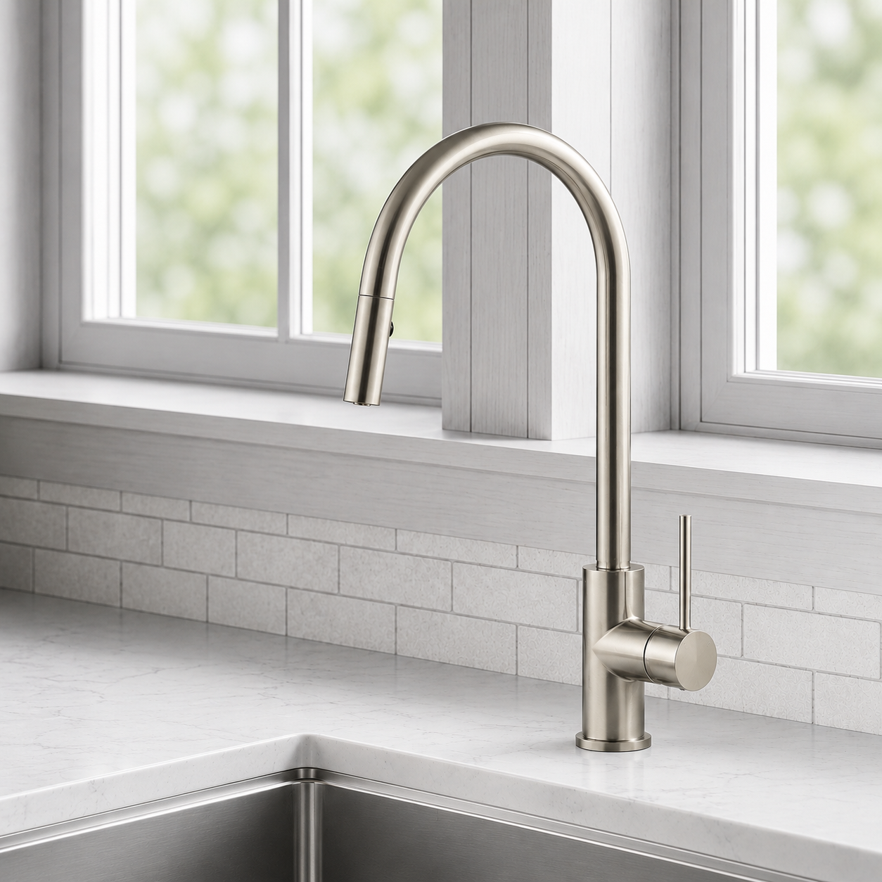 Brushed Stainless Steel Kitchen Tap Mixer Pull Out Spray 382mm Noxwell KMSV-7471