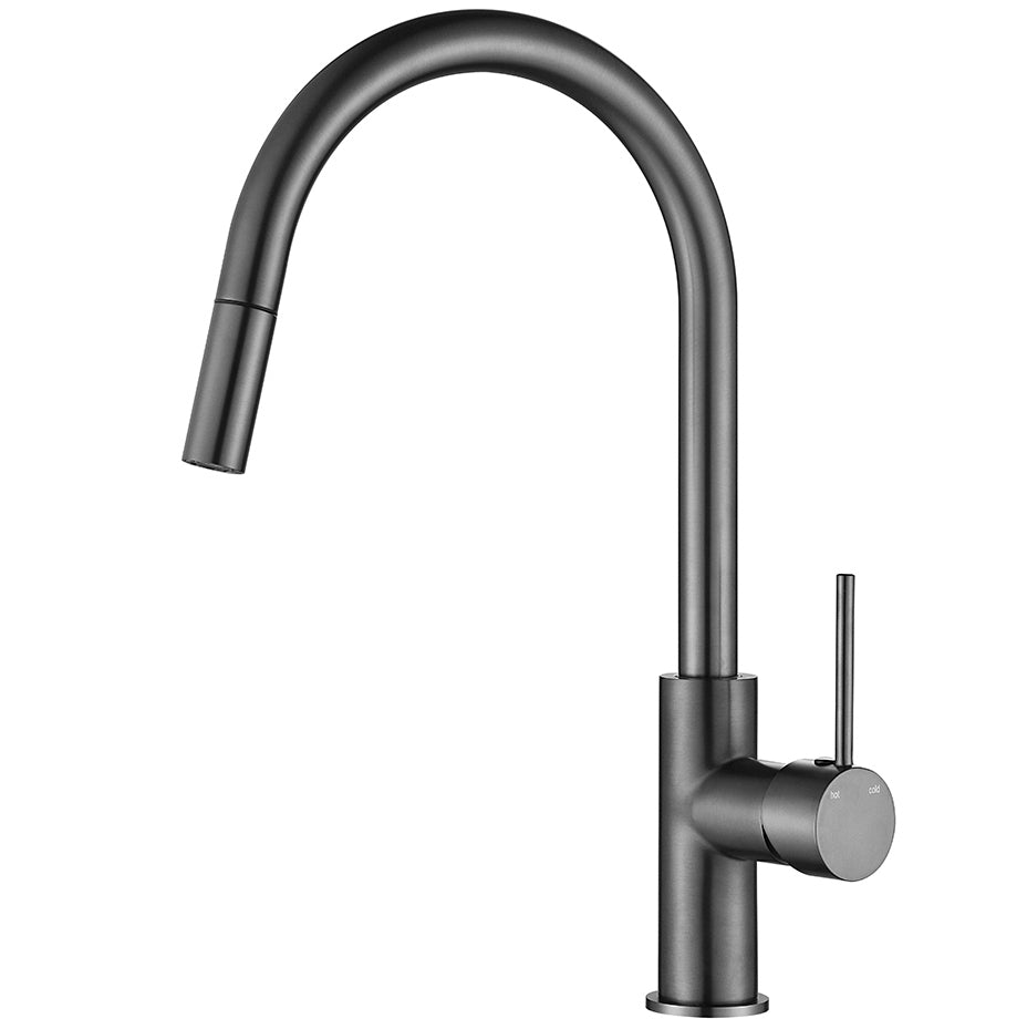 Noxwell KMBL-7471 gun metal black pull out kitchen mixer tap on white background