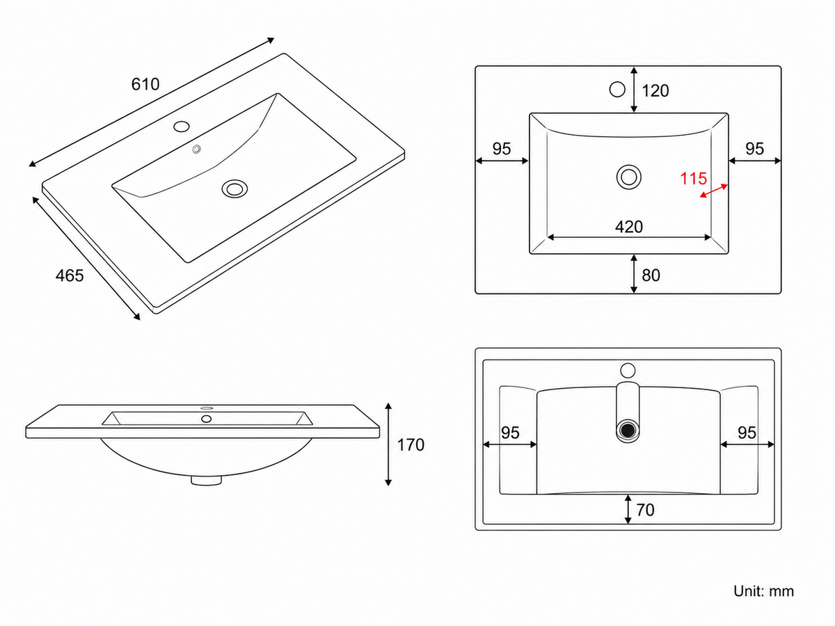 Noxwell 600mm Vanity Top Basin - Gloss White Ceramic, Actual 610 x 465mm | BCWH-6045