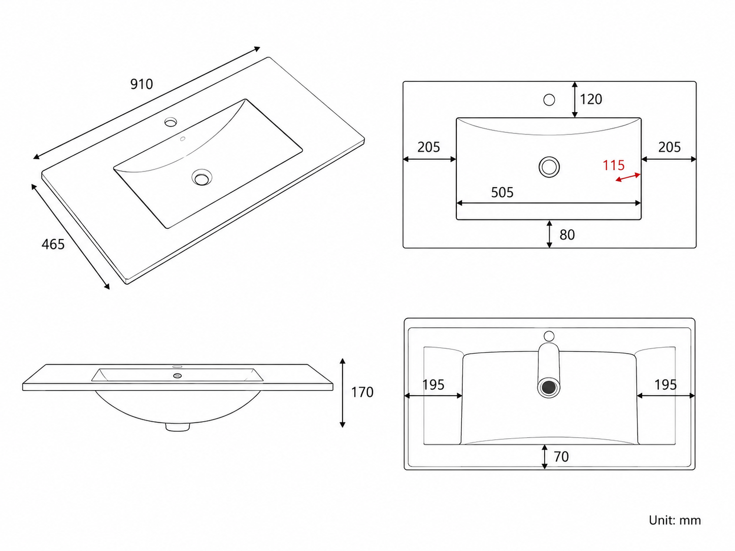 Noxwell 900mm Vanity Top Basin - Gloss White Ceramic, Actual 910 x 465mm | BCWH-9045