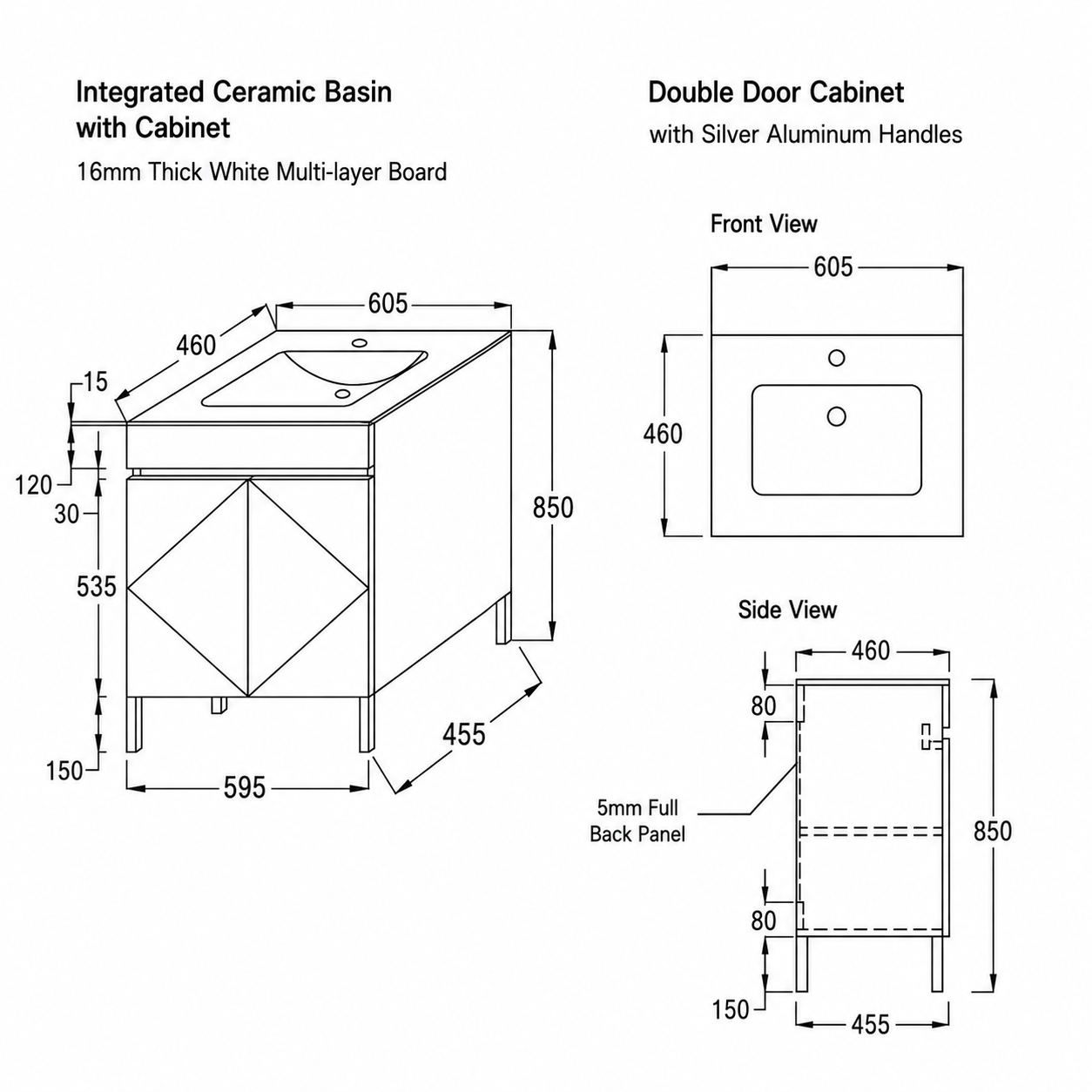 White Freestanding Bathroom Vanity 2-Door 605mm