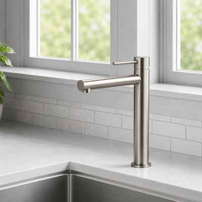 Tall Basin Tap Mixer Brushed Stainless Steel Single Lever 257mm Noxwell BMSV-1471