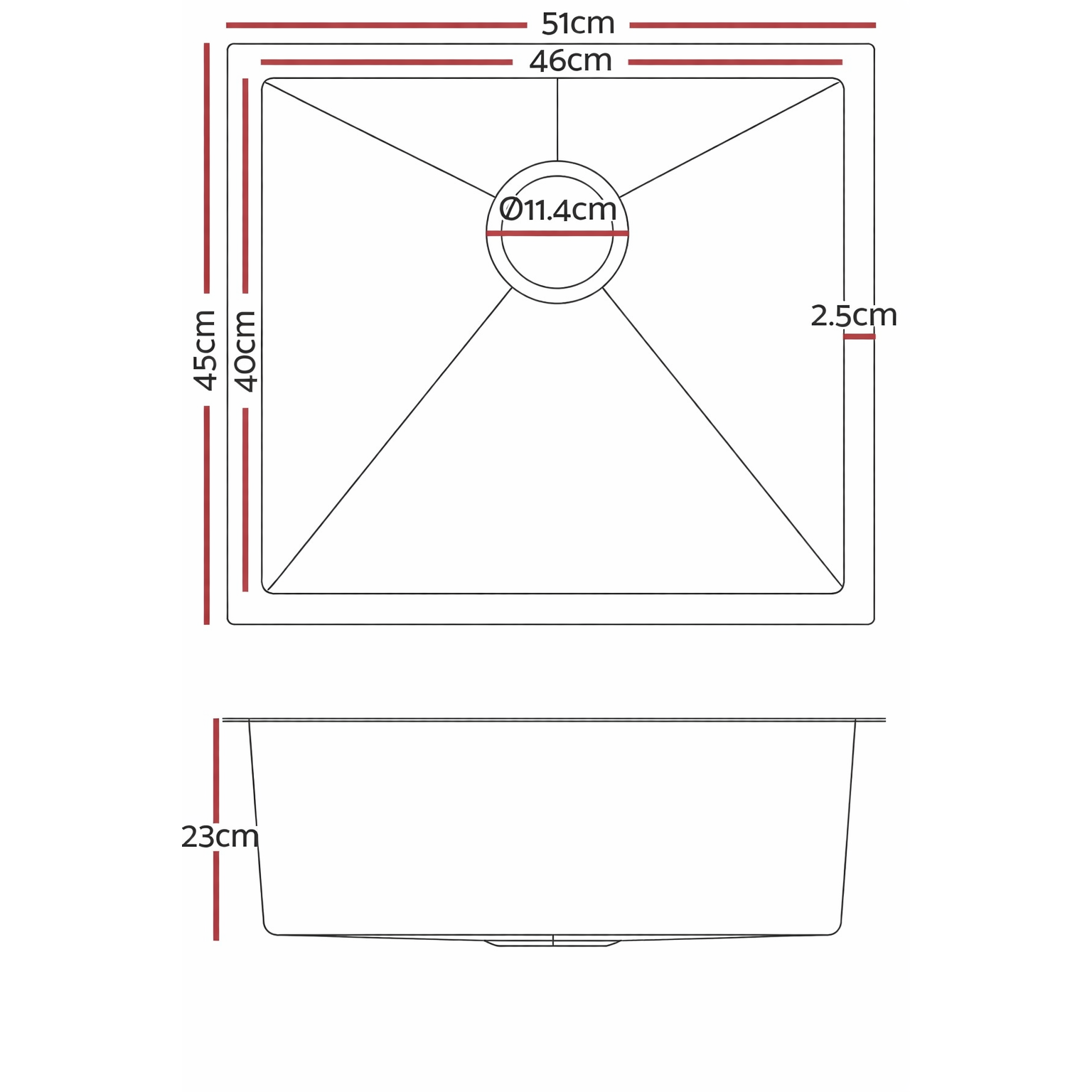 Brushed Silver Kitchen Sink Single Bowl 510x450mm 230mm Deep Noxwell KSSV-5145