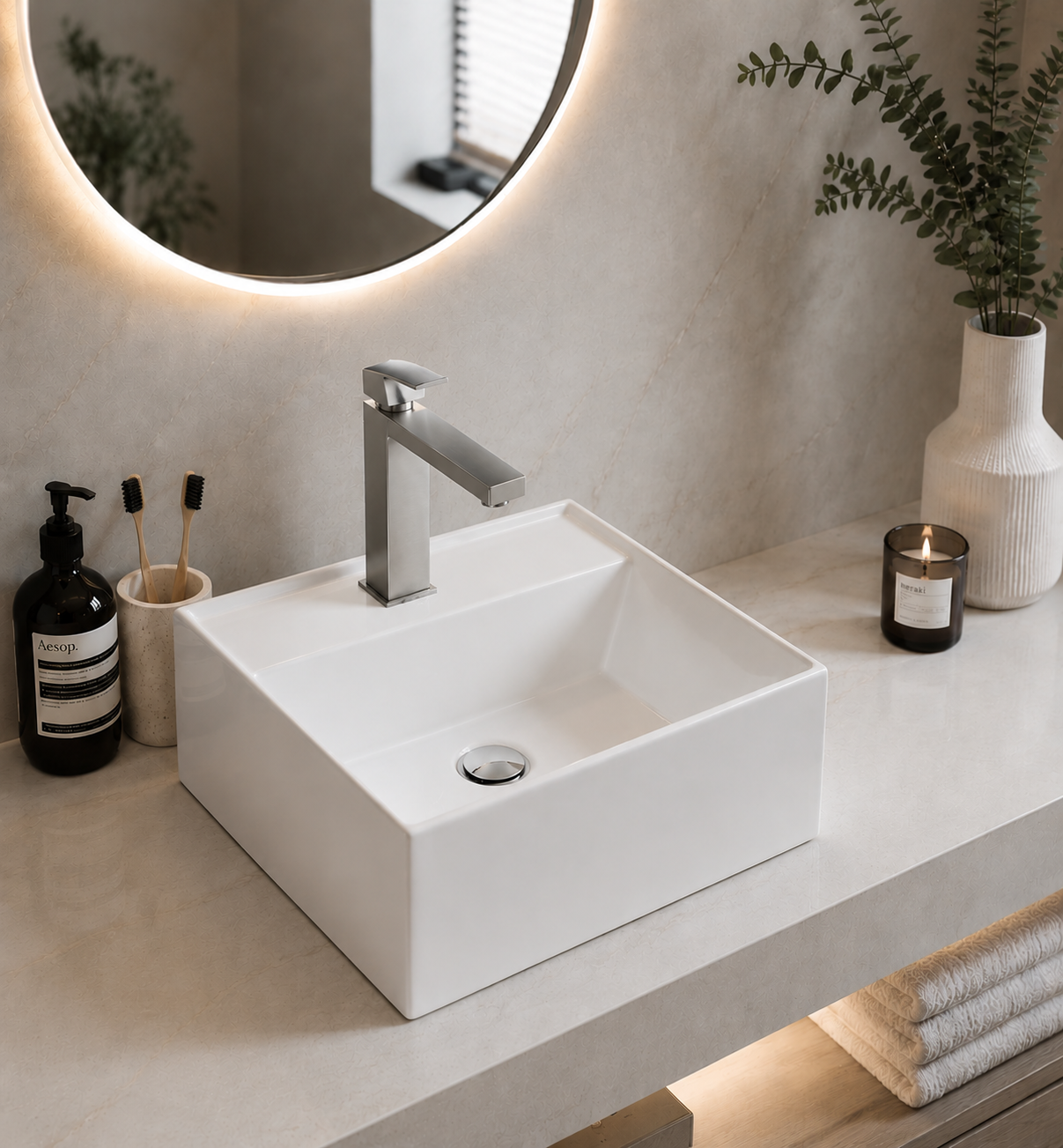 Gloss White Ceramic Art Basin 460x460mm Above Counter Bathroom Sink Noxwell AB-4646