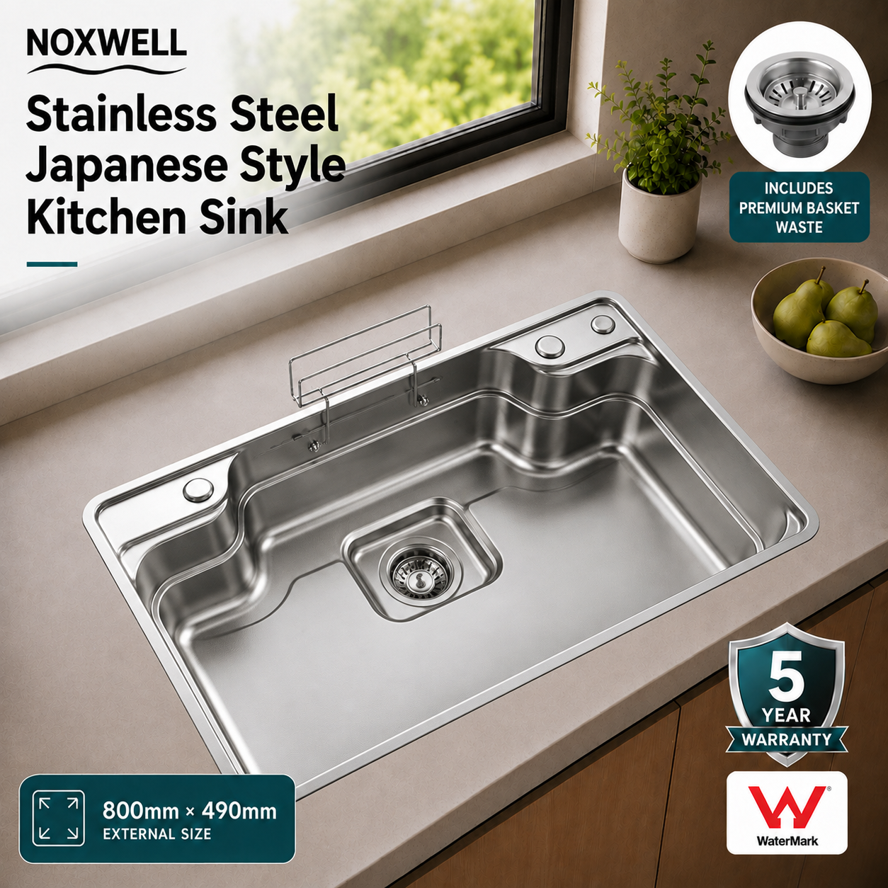 Brushed Stainless Steel Workstation Kitchen Sink Single Bowl with Accessories 772x492mm×270mm Deep Noxwell KSSV-7749