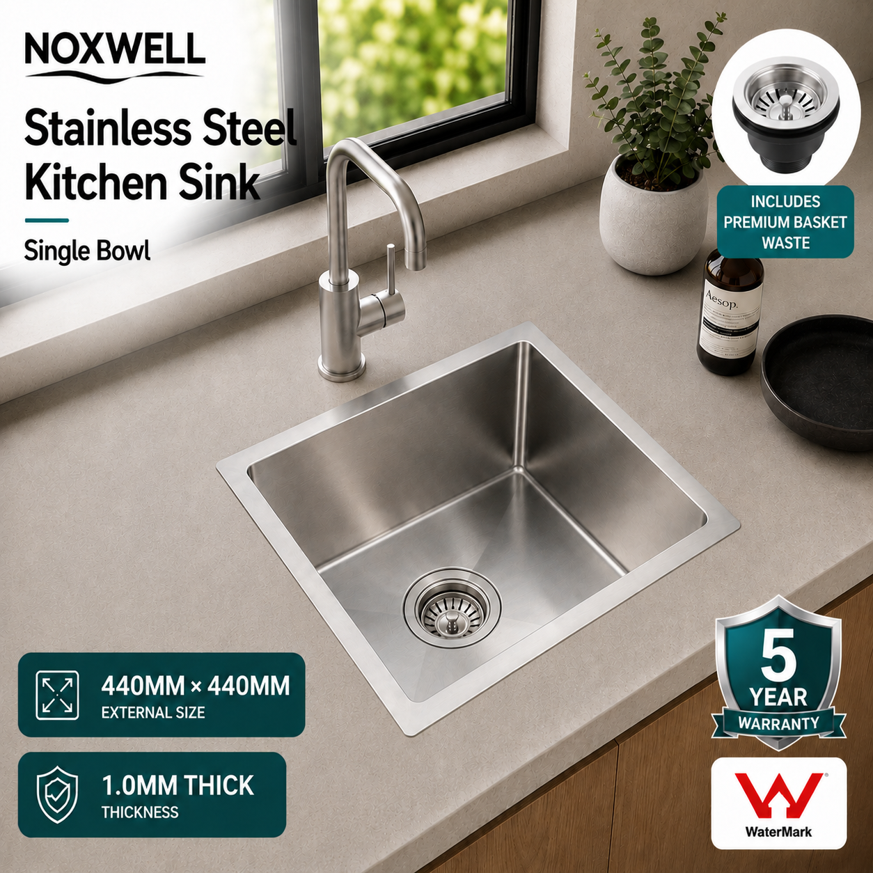440x440mm Noxwell One-Piece Drawn Stainless Steel Kitchen Sink | KSSV-4444Pro