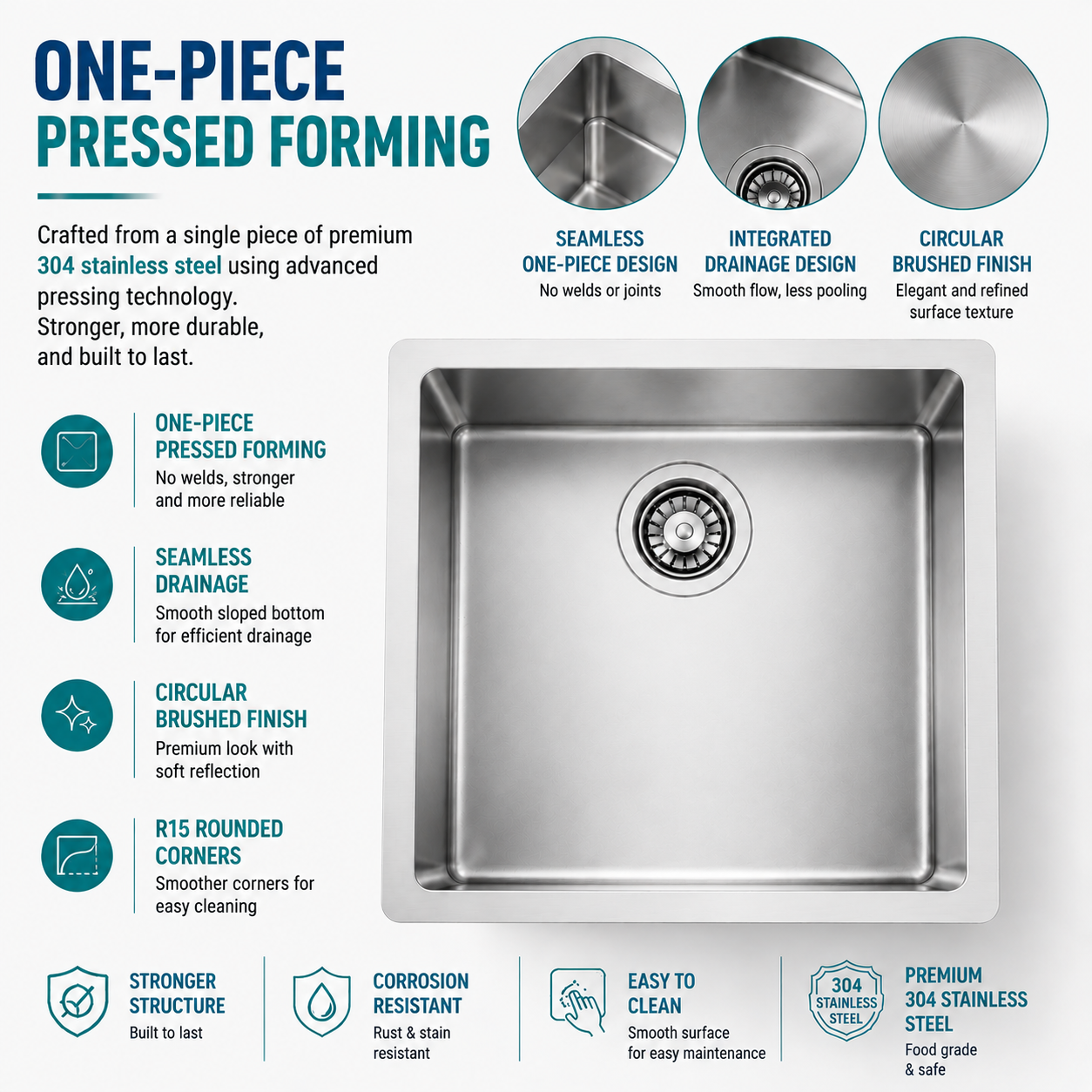 440x440mm Noxwell One-Piece Drawn Stainless Steel Kitchen Sink | KSSV-4444Pro