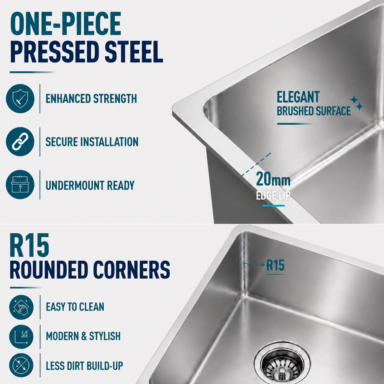 440x440mm Noxwell One-Piece Drawn Stainless Steel Kitchen Sink | KSSV-4444Pro