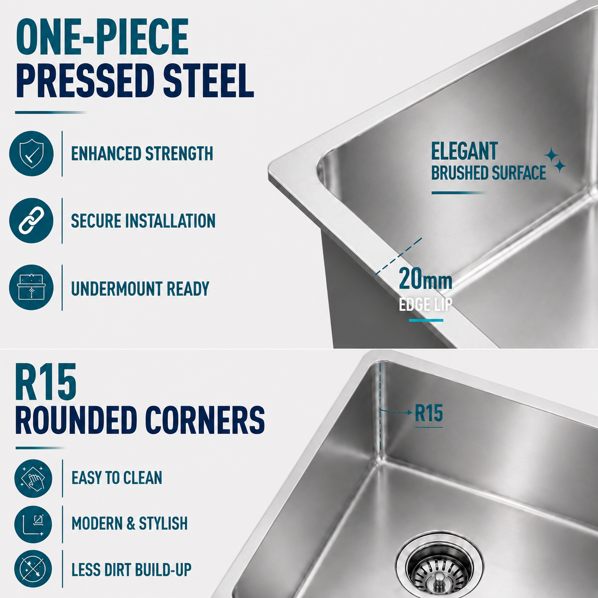 440x440mm Noxwell One-Piece Drawn Stainless Steel Kitchen Sink | KSSV-4444Pro