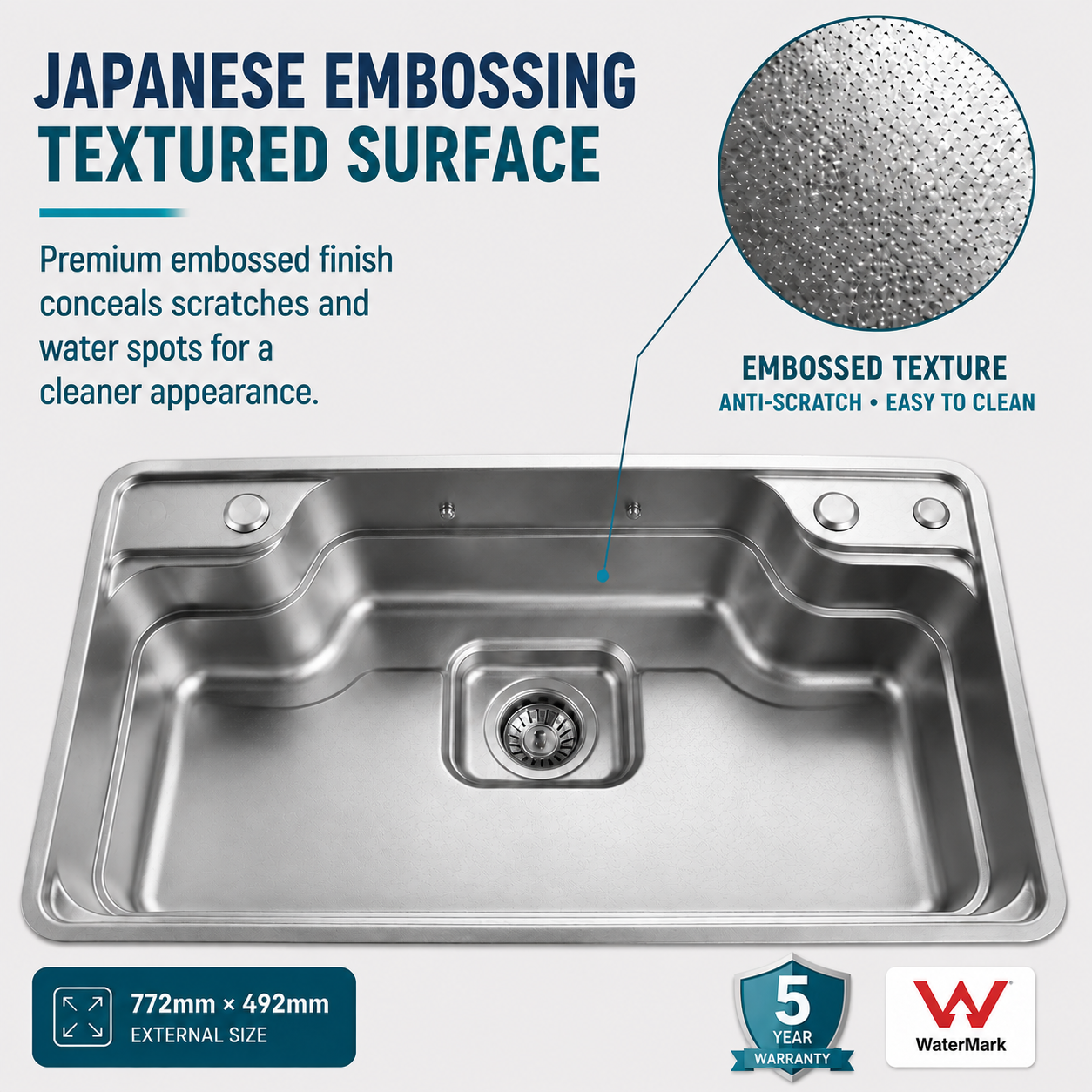 Brushed Stainless Steel Workstation Kitchen Sink Single Bowl with Accessories 772x492mm×270mm Deep Noxwell KSSV-7749
