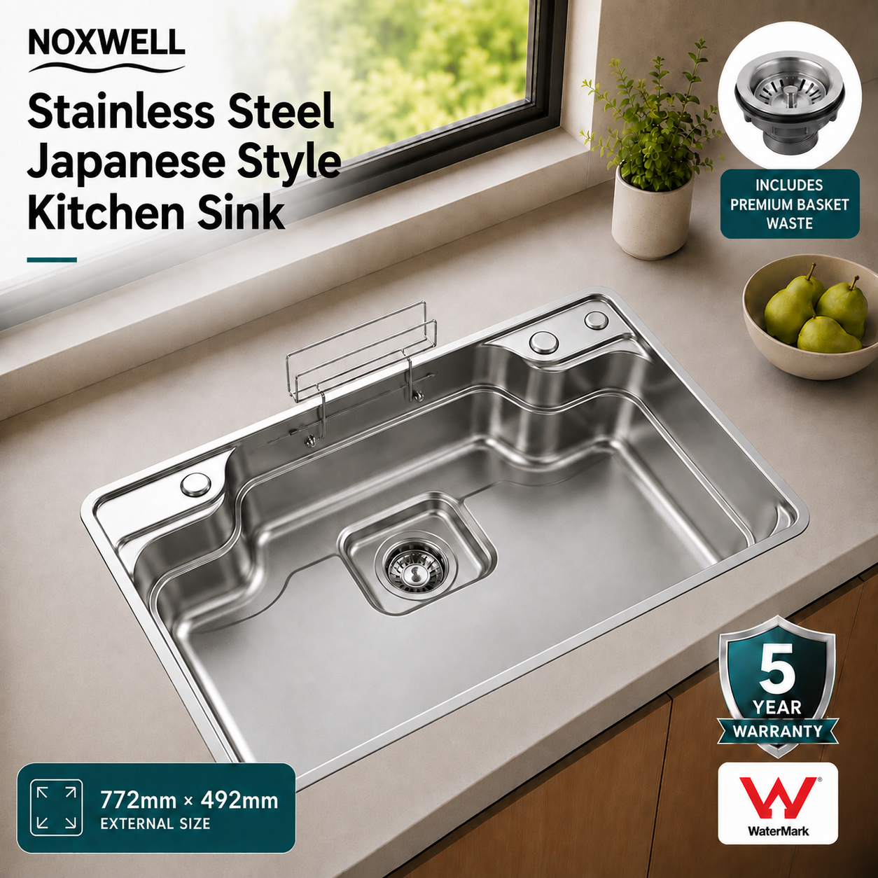 Brushed Stainless Steel Workstation Kitchen Sink Single Bowl with Accessories 772x492mm×270mm Deep Noxwell KSSV-7749