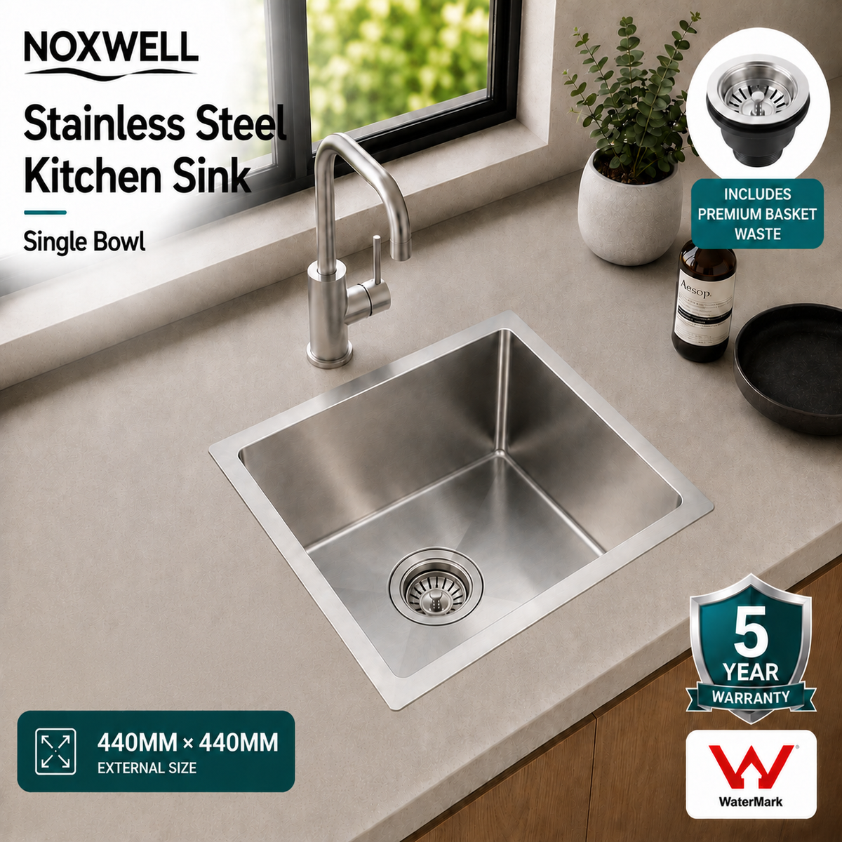 440x440mm Noxwell One-Piece Drawn Stainless Steel Kitchen Sink | KSSV-4444Pro