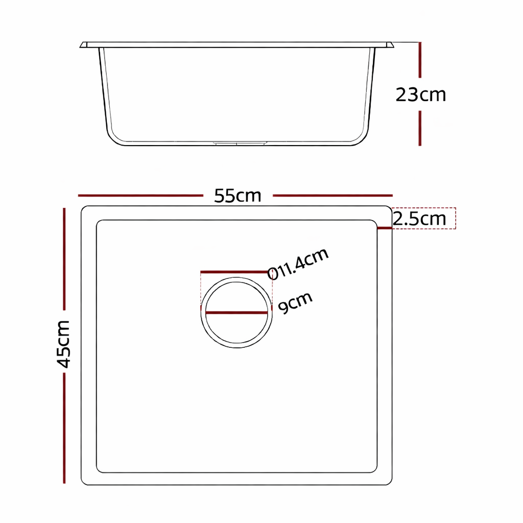 Brushed Silver Kitchen Sink Single Bowl 550x450mm 230mm Deep Noxwell KSSV-5545