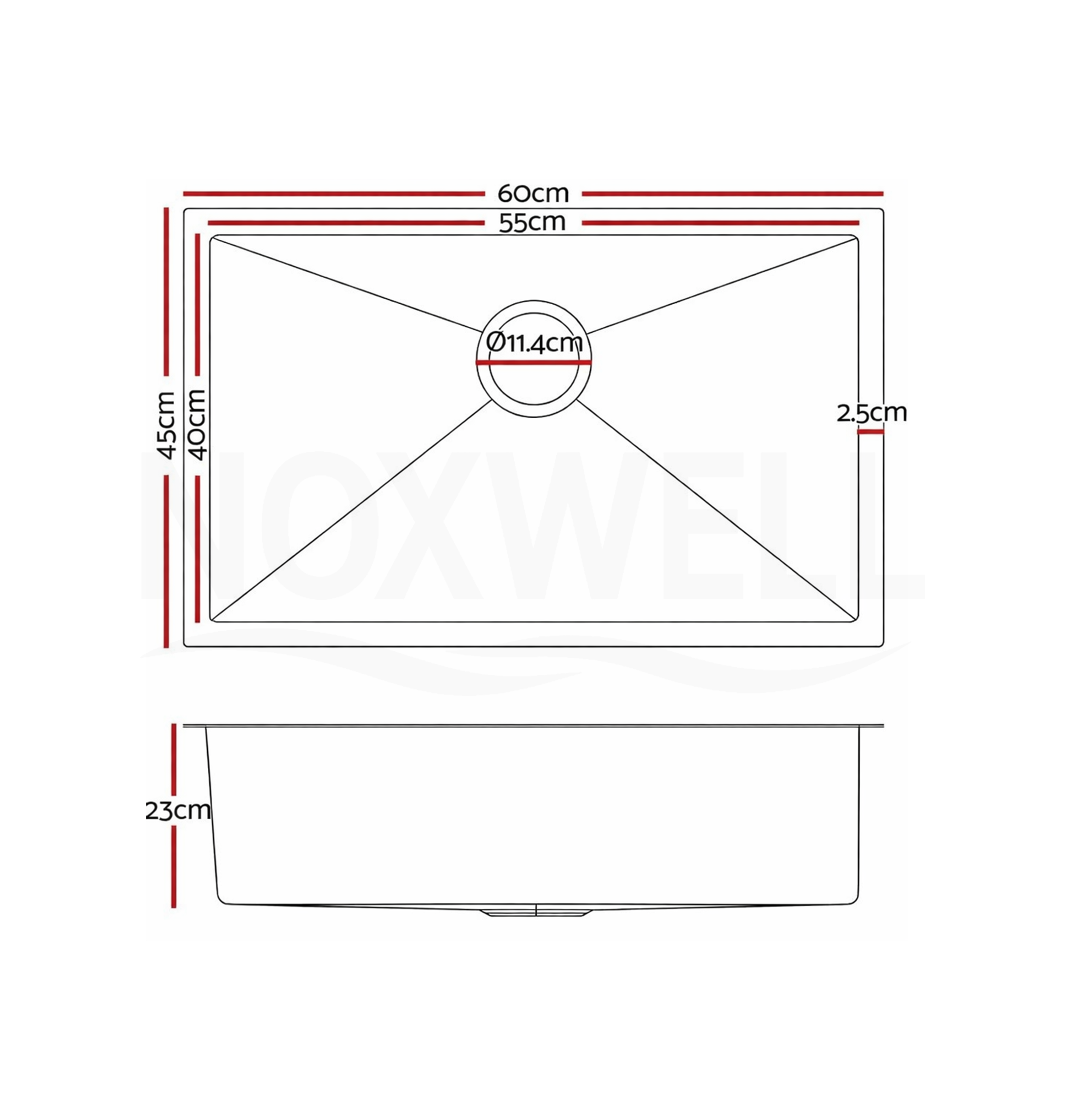 Brushed Silver Kitchen Sink Single Bowl 600x450mm 230mm Deep Handmade Noxwell KSSV-6045