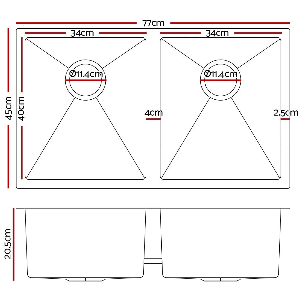 Brushed Silver Kitchen Sink Double Bowl 770x450mm Noxwell KSSV-7745-D