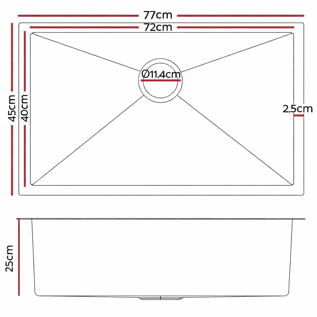Gunmetal Black Kitchen Sink Single Bowl 770x450mm 250mm Deep Noxwell KSBL-7745