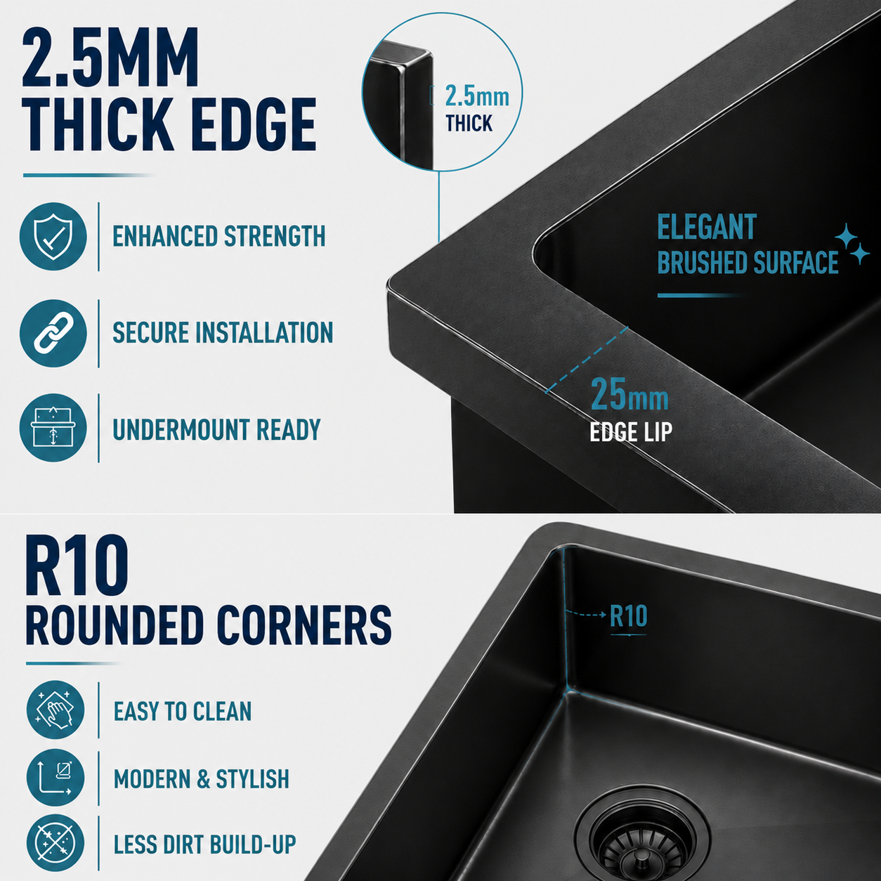 2.5mm thick edge 440x440mm gunmetal black kitchen sink