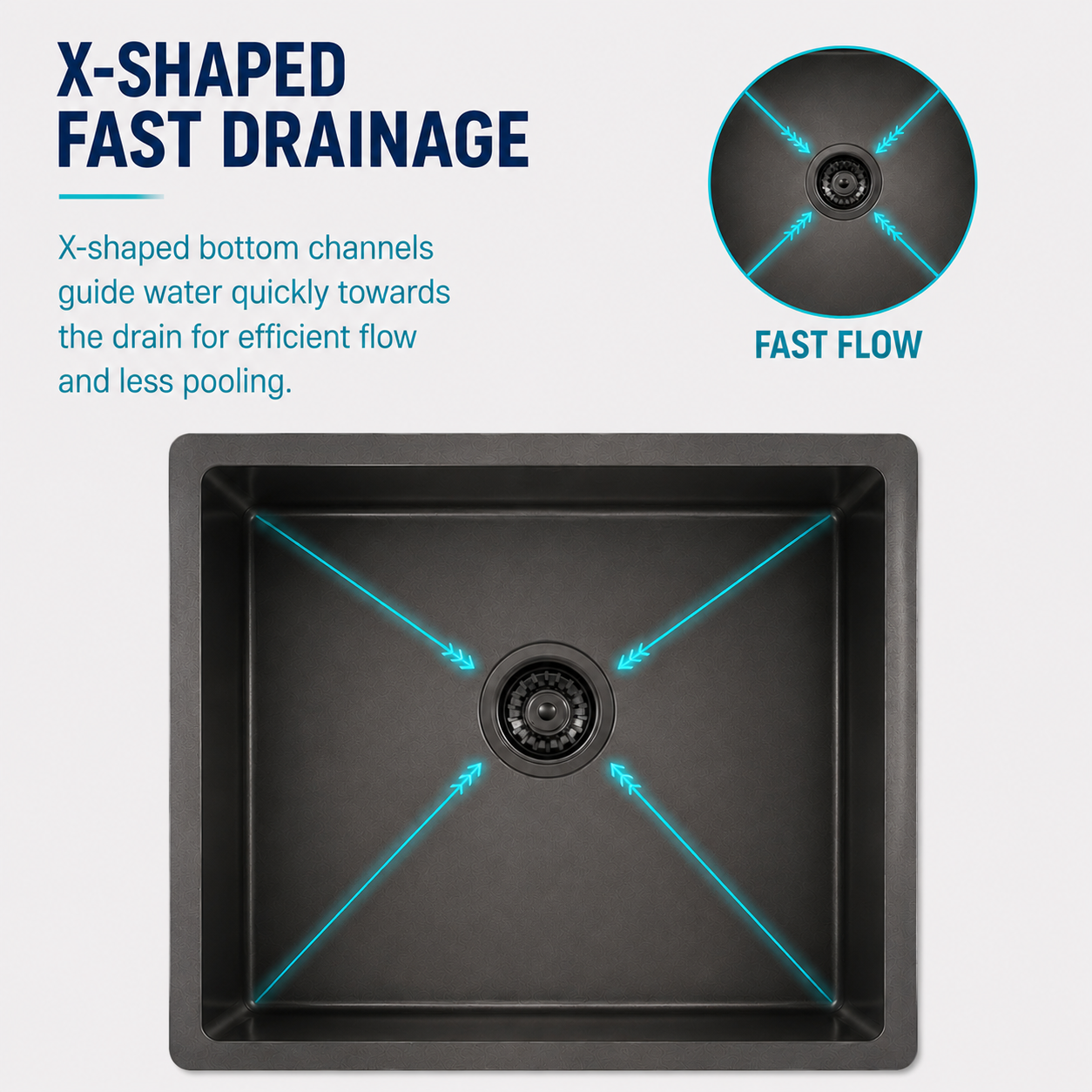Gunmetal black kitchen sink with X-shaped fast drainage system