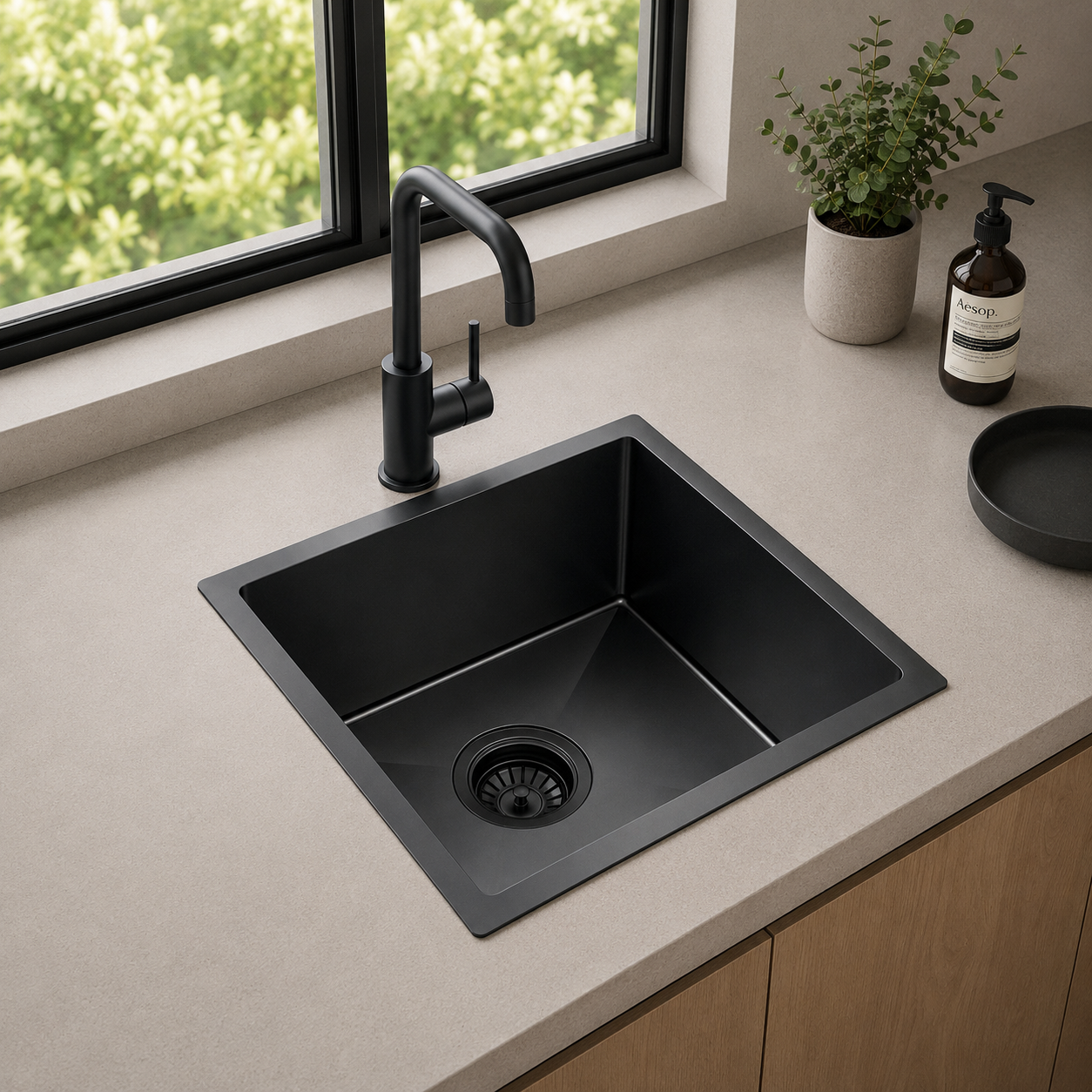 Gunmetal Black Square Kitchen Sink Single Bowl 440x440mm Noxwell KSBL-4444