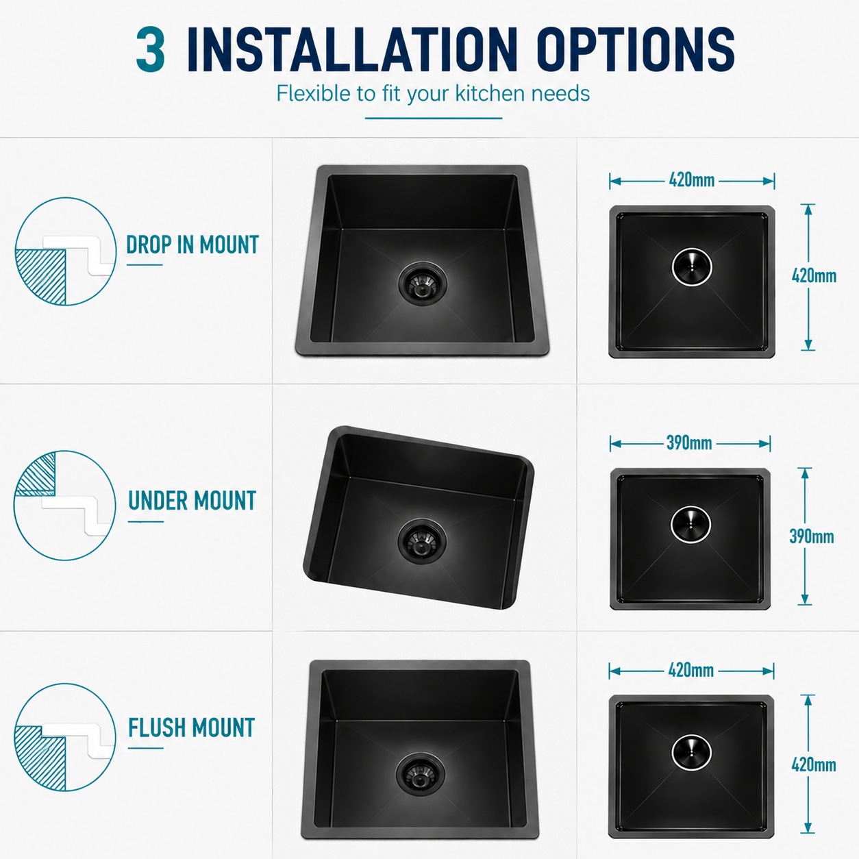 440x440mm kitchen sink installation options drop-in undermount flush mount