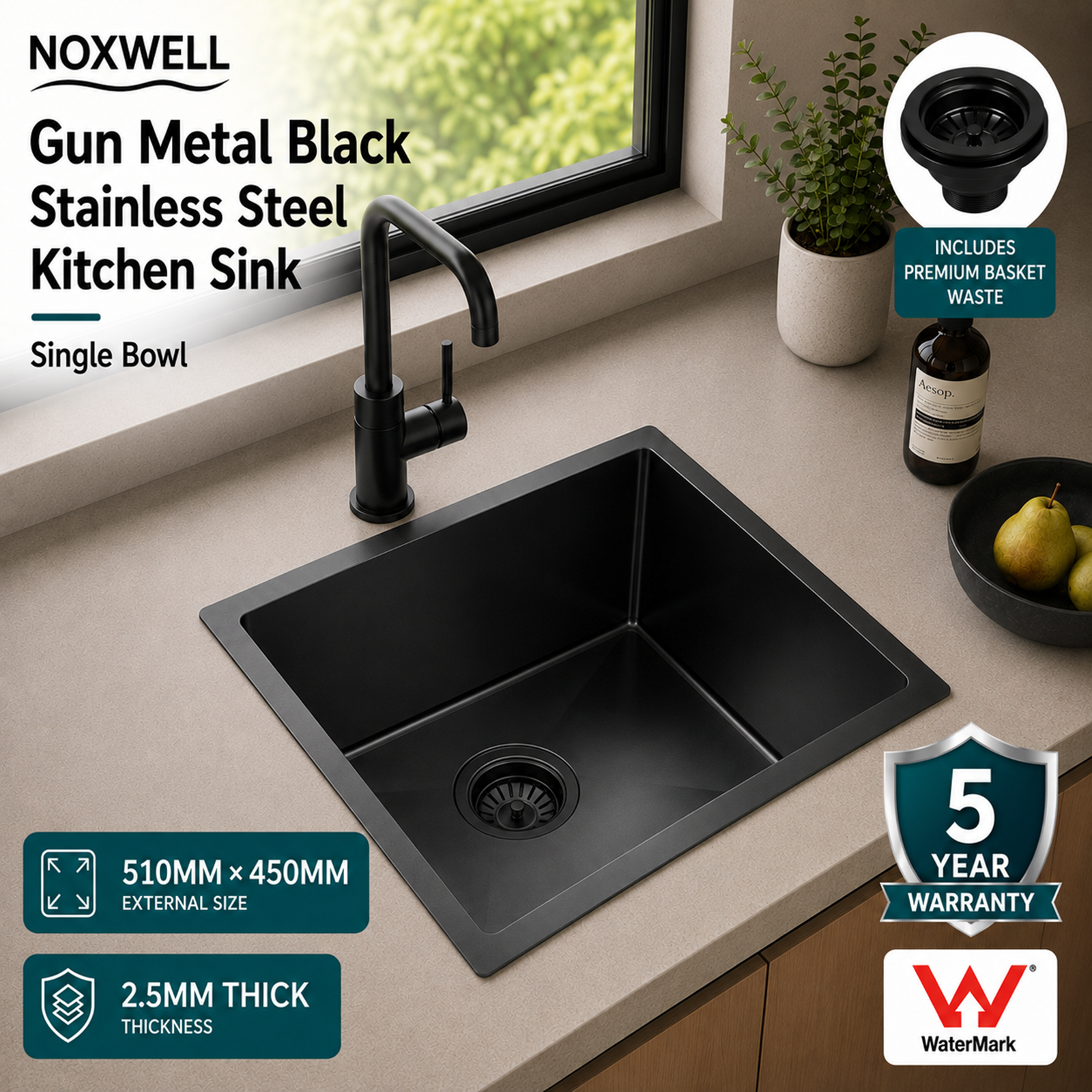 Noxwell 510×450mm Gunmetal Black Kitchen Sink Single Bowl PVD Stainless Steel