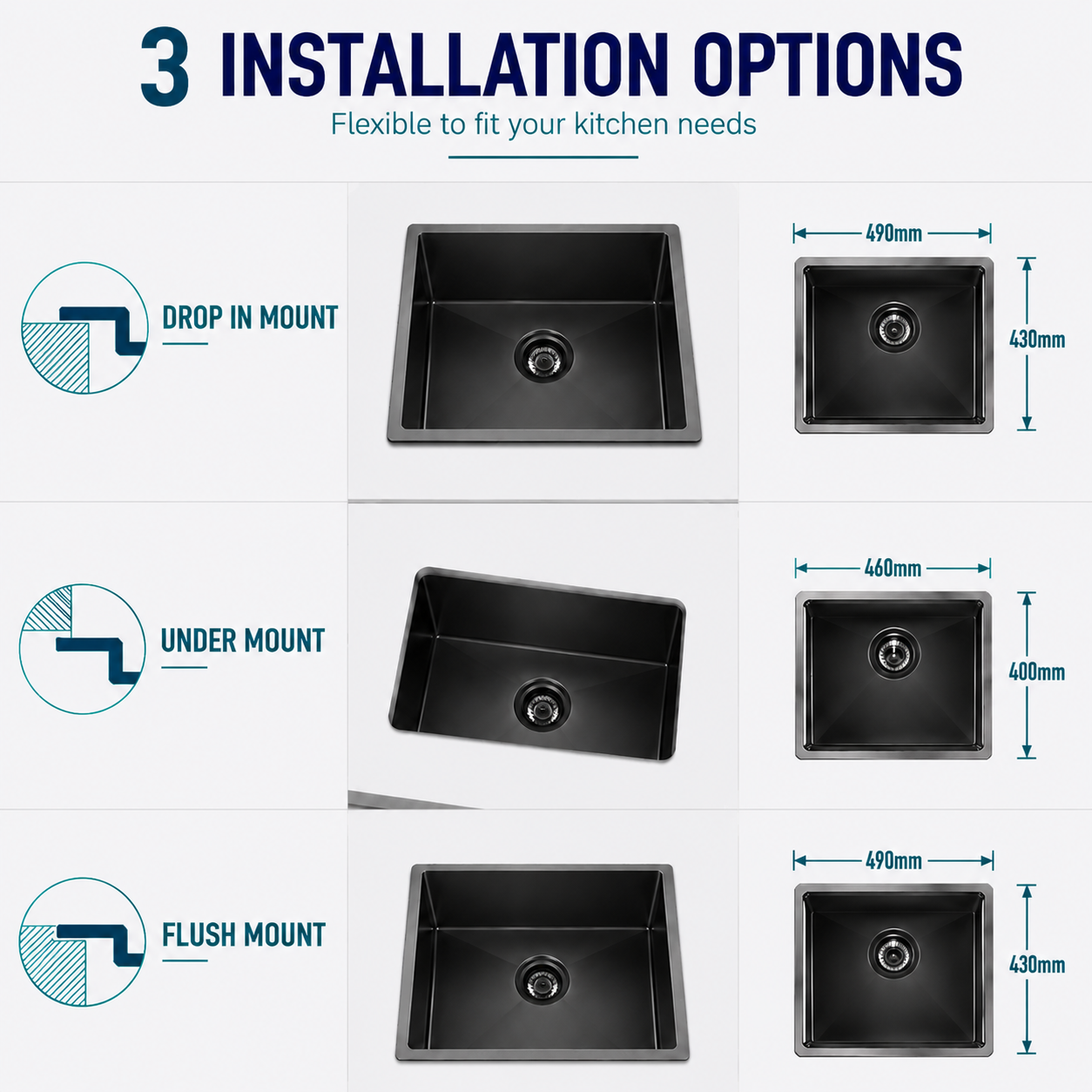 510×450mm Kitchen Sink Installation Options Drop In Undermount Flush Mount