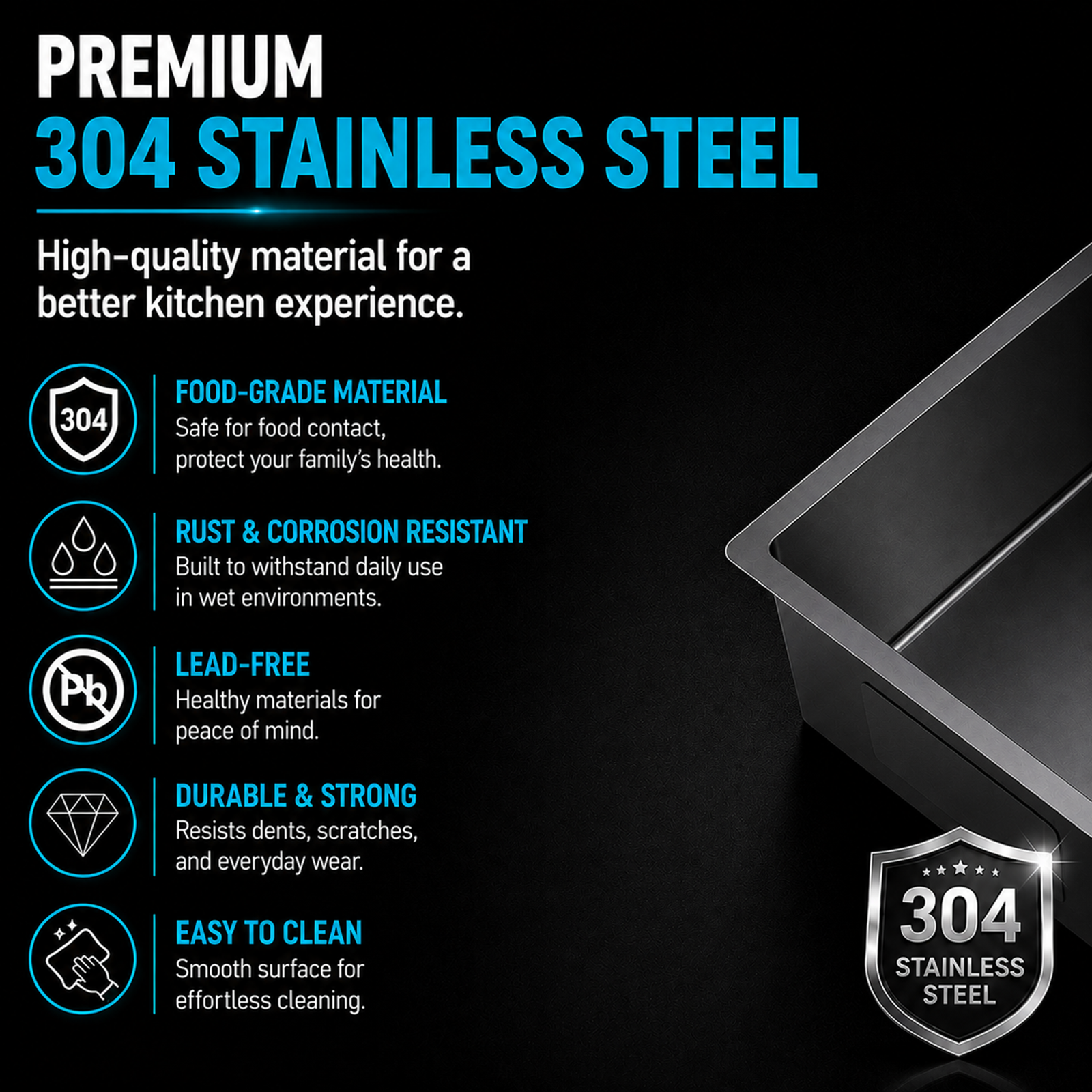 Premium SUS304 gunmetal black stainless steel kitchen sink 440x440mm