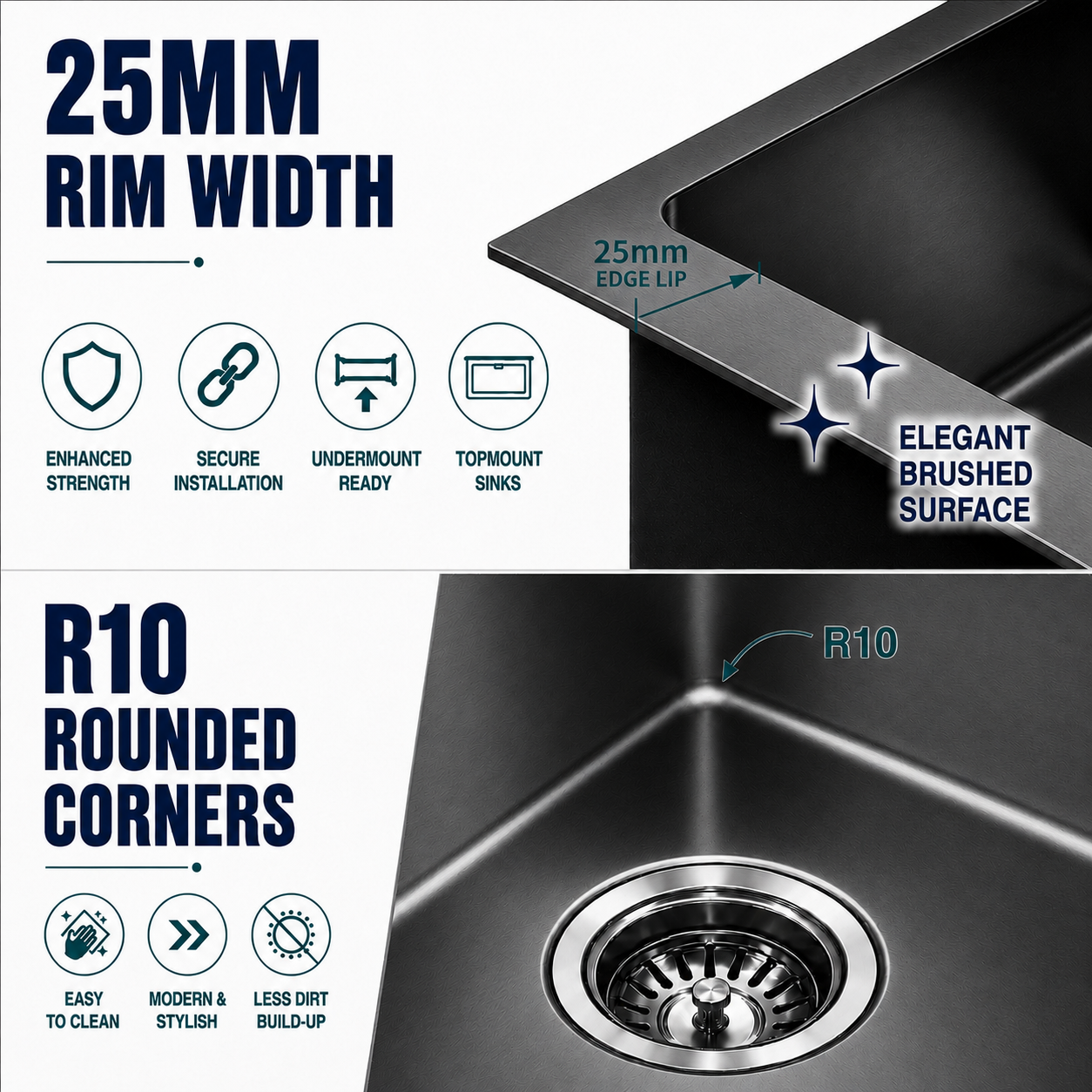 Gunmetal Black Kitchen Sink Single Bowl 600x450mm 230mm Deep Noxwell KSBL-6045 - KSBL-6045 - 600x450mm
