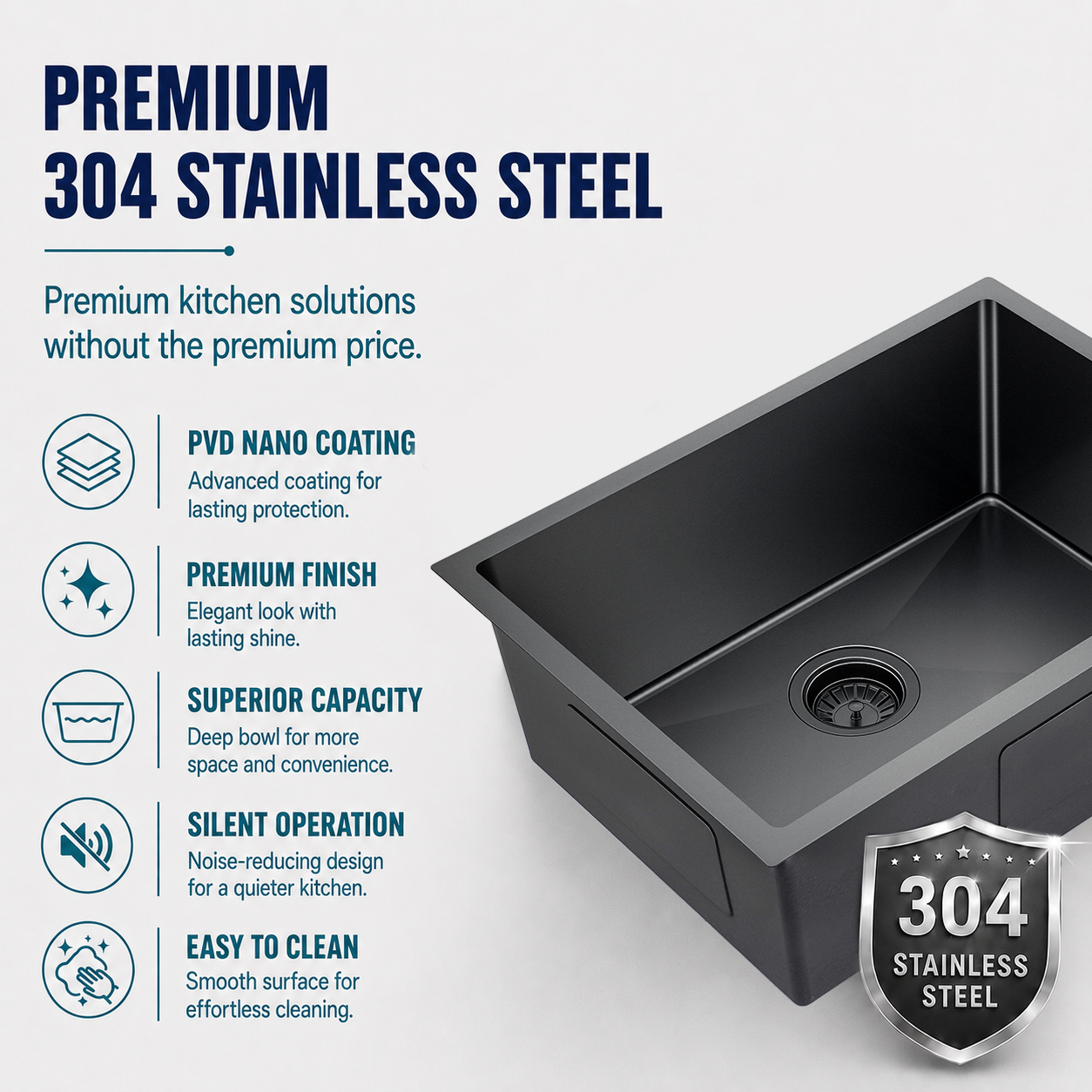 Gunmetal Black Kitchen Sink Single Bowl 600x450mm 230mm Deep Noxwell KSBL-6045 - KSBL-6045 - 600x450mm