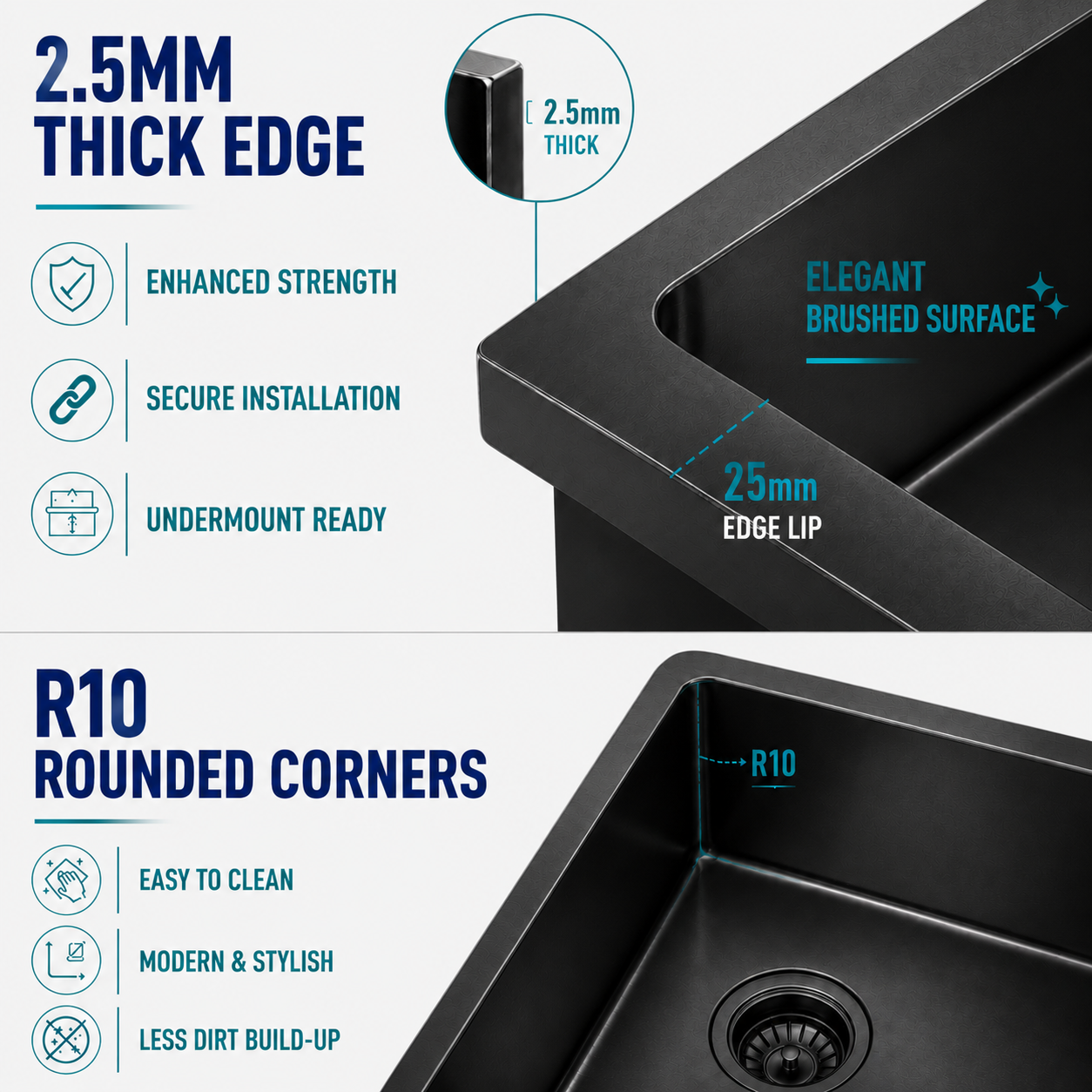 2.5mm thick edge detail on gunmetal black kitchen sink