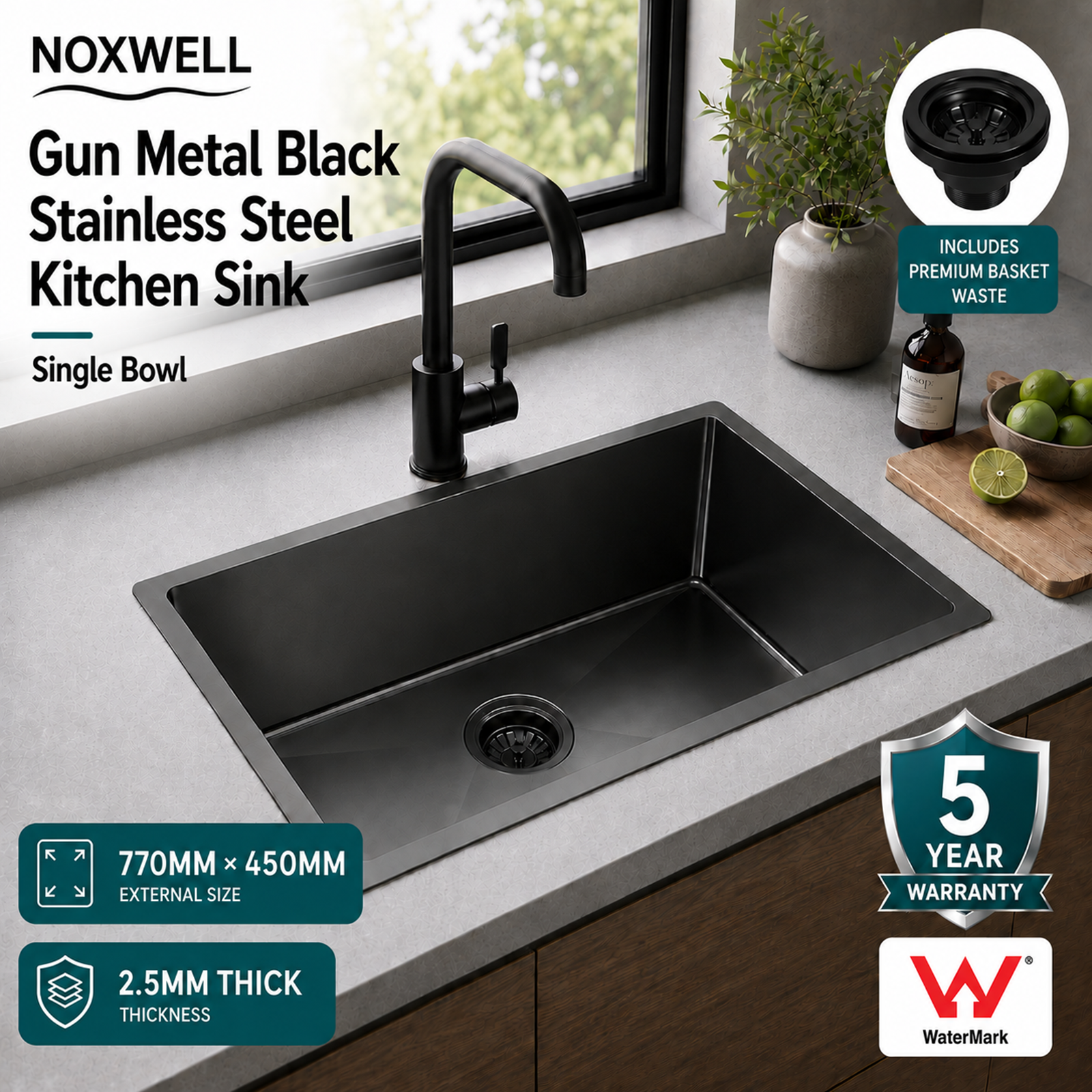770x450mm gunmetal black stainless steel kitchen sink with accessories
