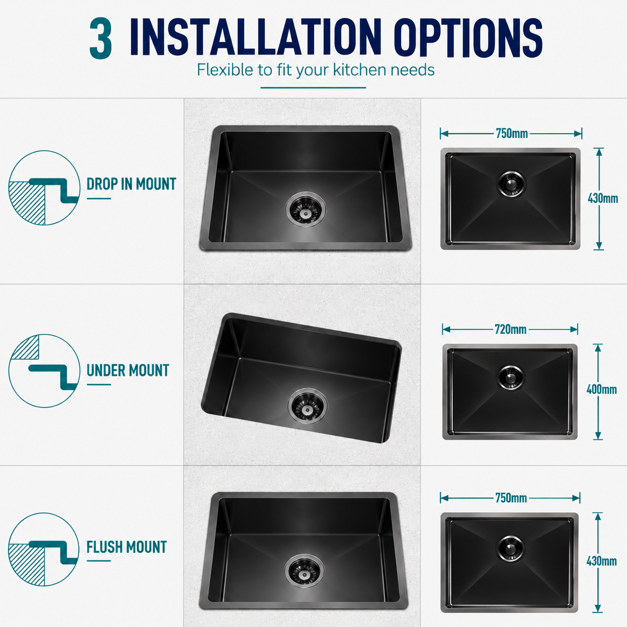 Installation options for Noxwell 770x450mm kitchen sink