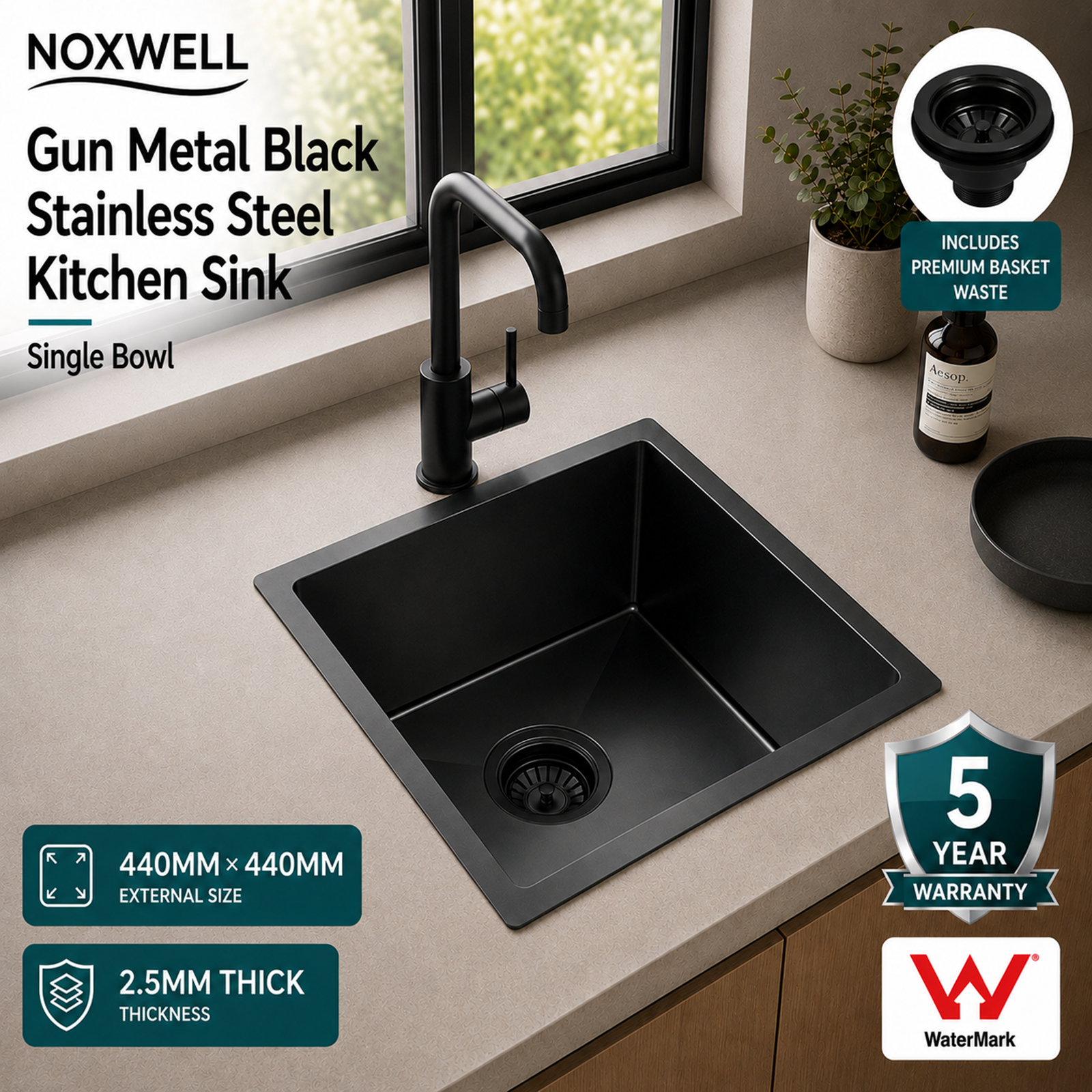 Noxwell 440x440mm gunmetal black stainless steel kitchen sink installed in modern kitchen