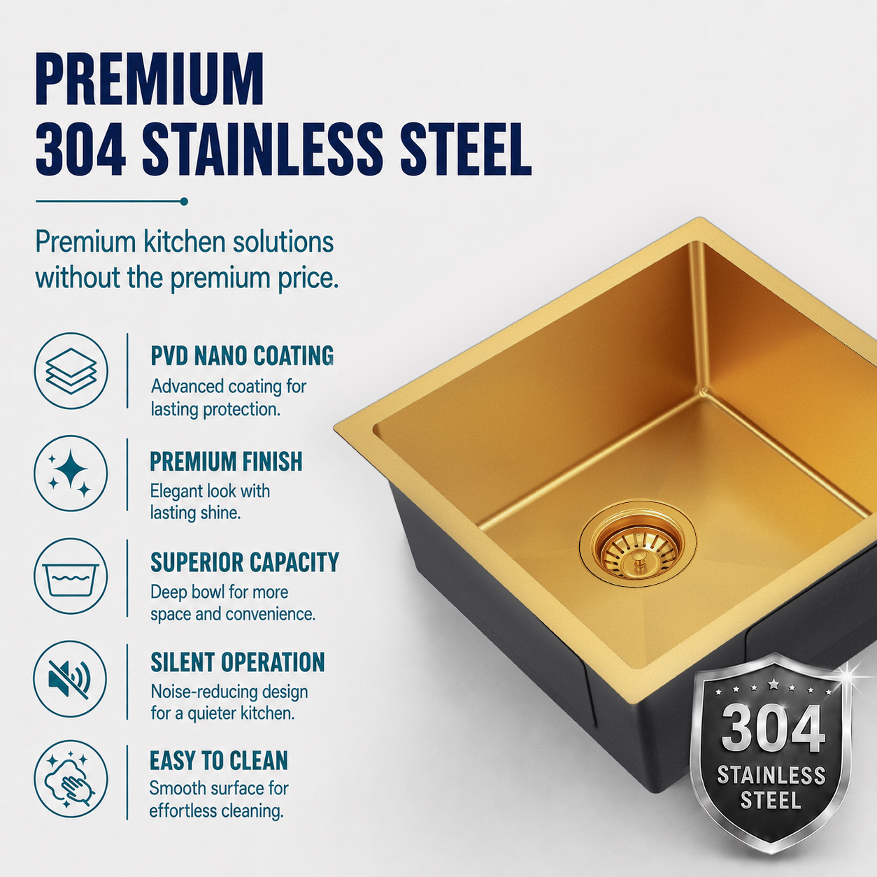 Brushed Gold Kitchen Sink Single Bowl 440x440mm Noxwell KSGL-4444 - KSGL-4444 - 440x440mm
