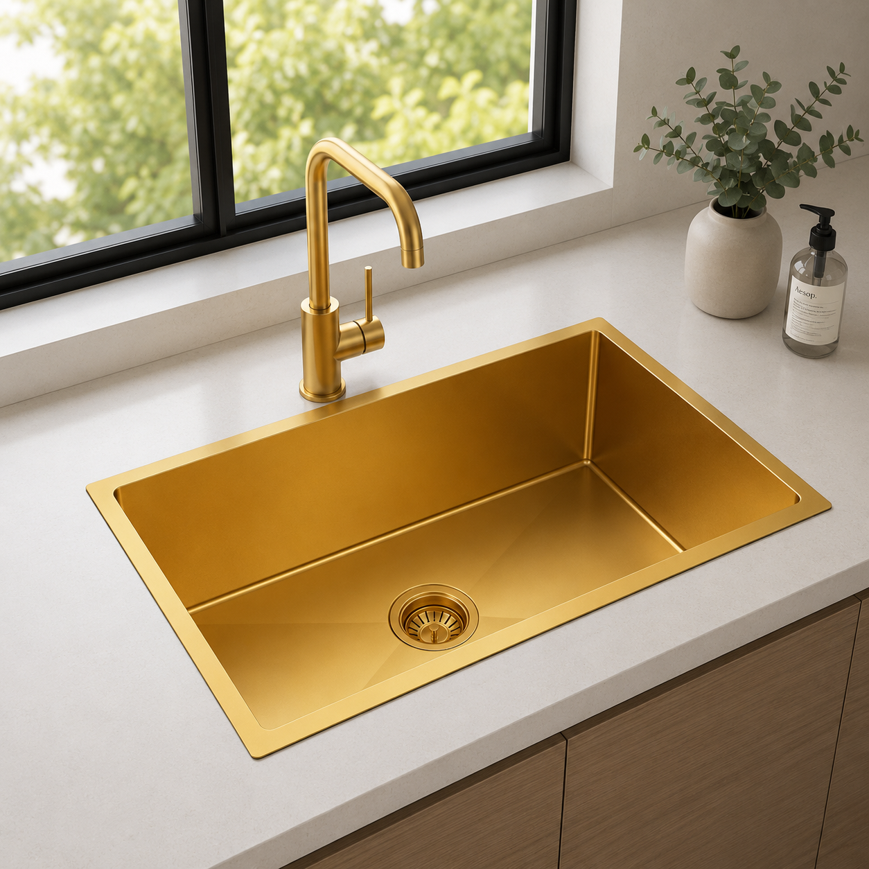 Brushed Gold Kitchen Sink Single Bowl 710x450mm 230mm Deep Noxwell KSGL-7145