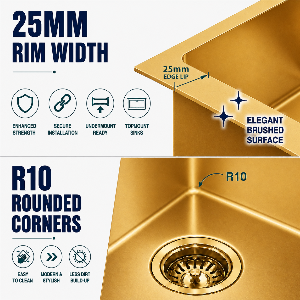 Brushed Gold Kitchen Sink Single Bowl 710x450mm 230mm Deep Noxwell KSGL-7145 - KSGL-7145 - 710x450mm
