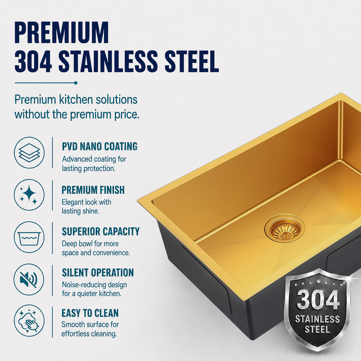 Brushed Gold Kitchen Sink Single Bowl 710x450mm 230mm Deep Noxwell KSGL-7145 - KSGL-7145 - 710x450mm