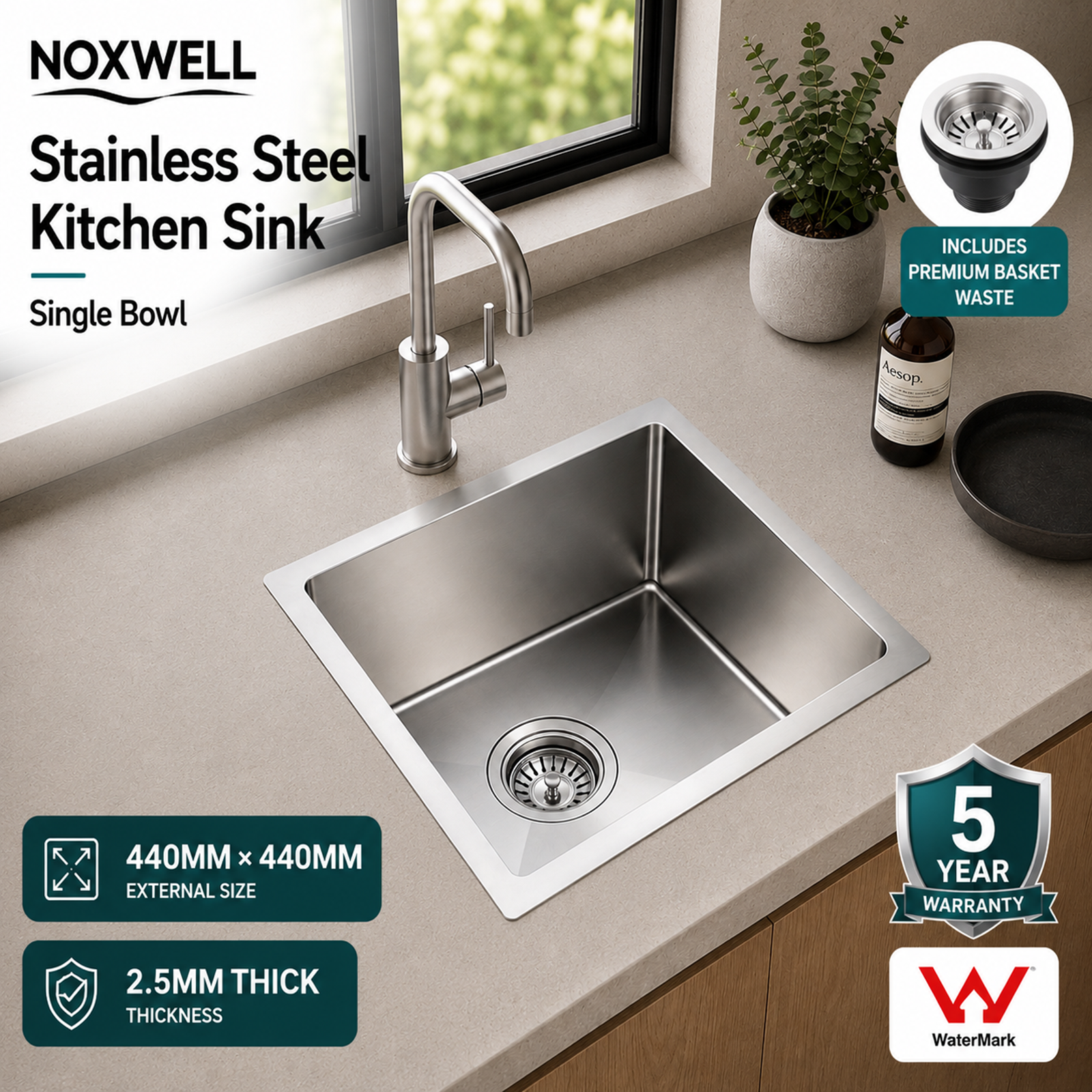 Noxwell KSSV-4444 stainless steel single bowl kitchen sink 440×440mm