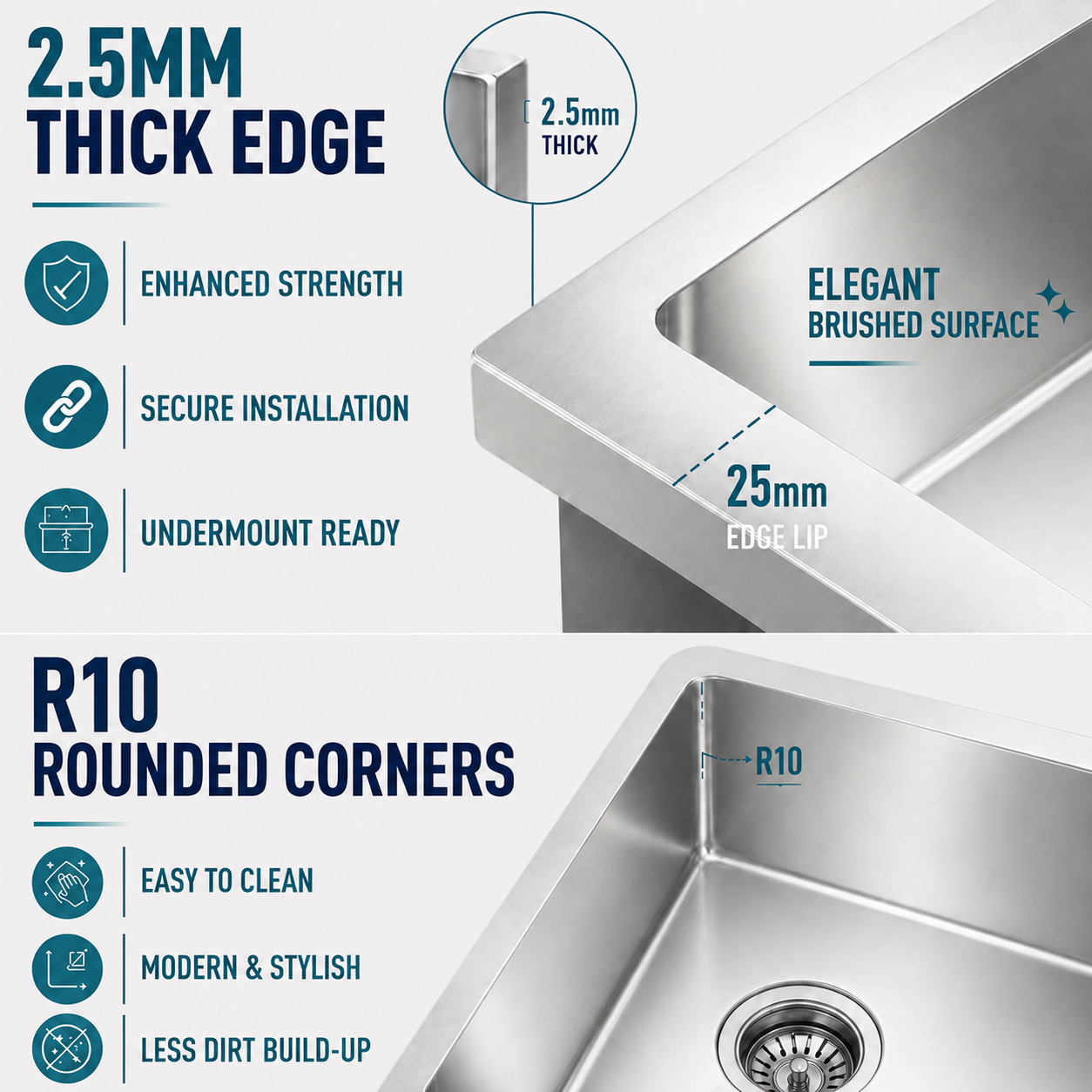 2.5mm thick edge and R10 rounded corners on Noxwell KSSV-4444 kitchen sink