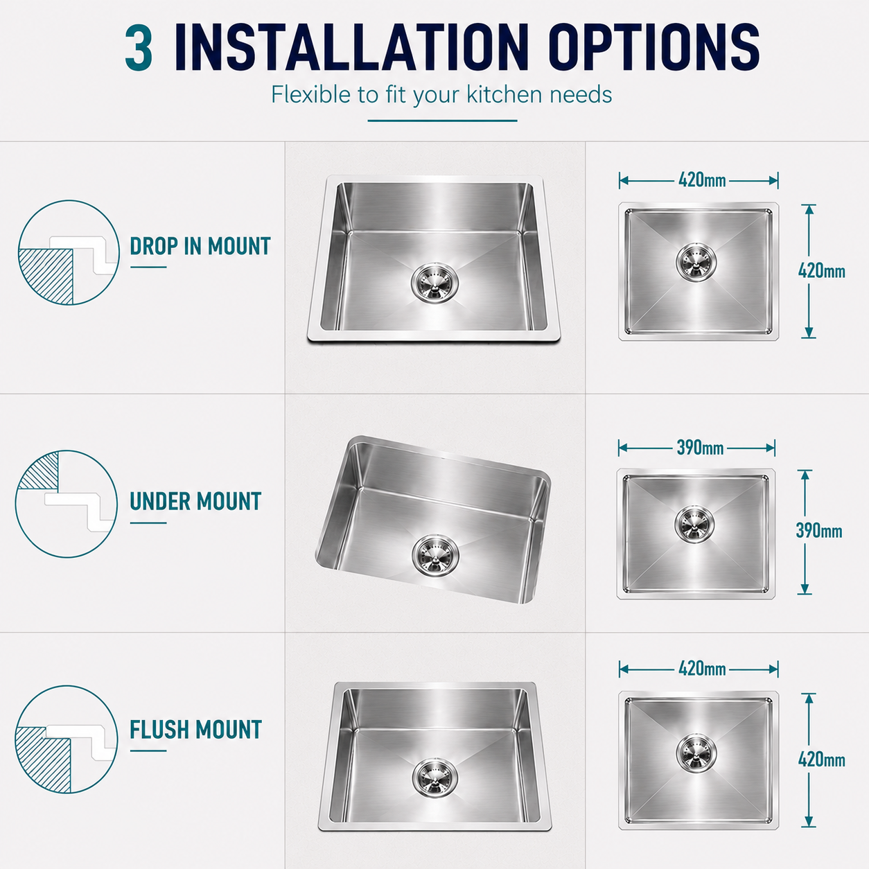 Drop-in, flush mount and undermount installation options for Noxwell KSSV-4444 kitchen sink