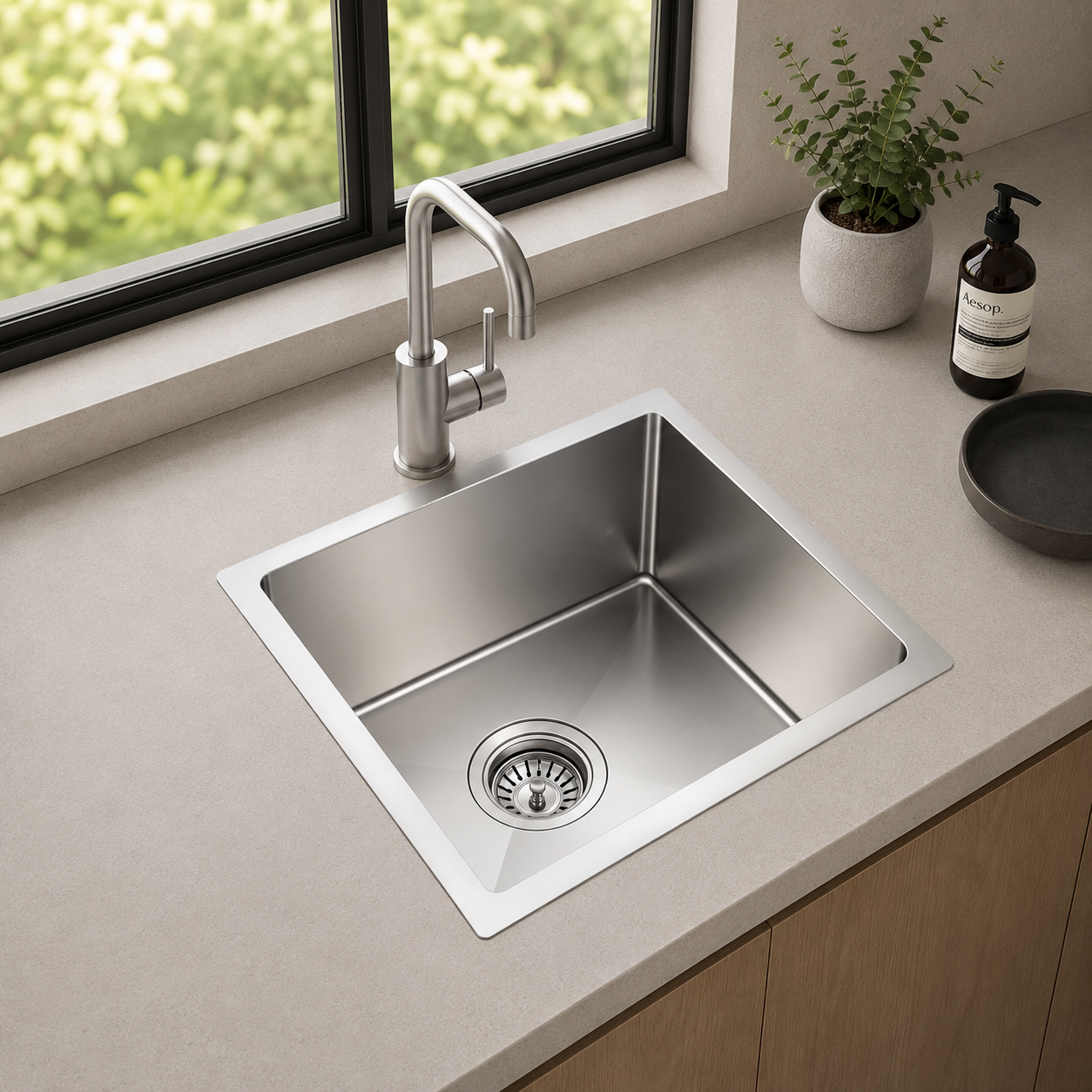 Brushed Silver Square Kitchen Sink Single Bowl 440x440mm Noxwell KSSV-4444