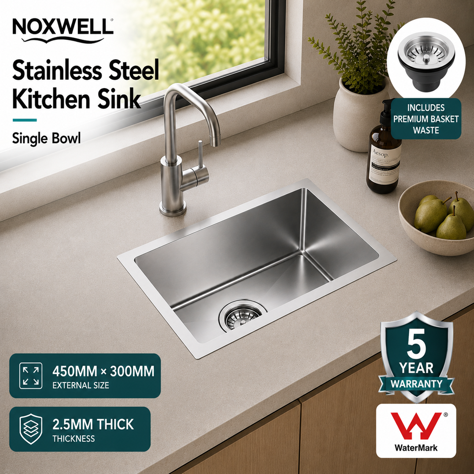 Noxwell KSSV-4530 stainless steel kitchen sink 450×300mm