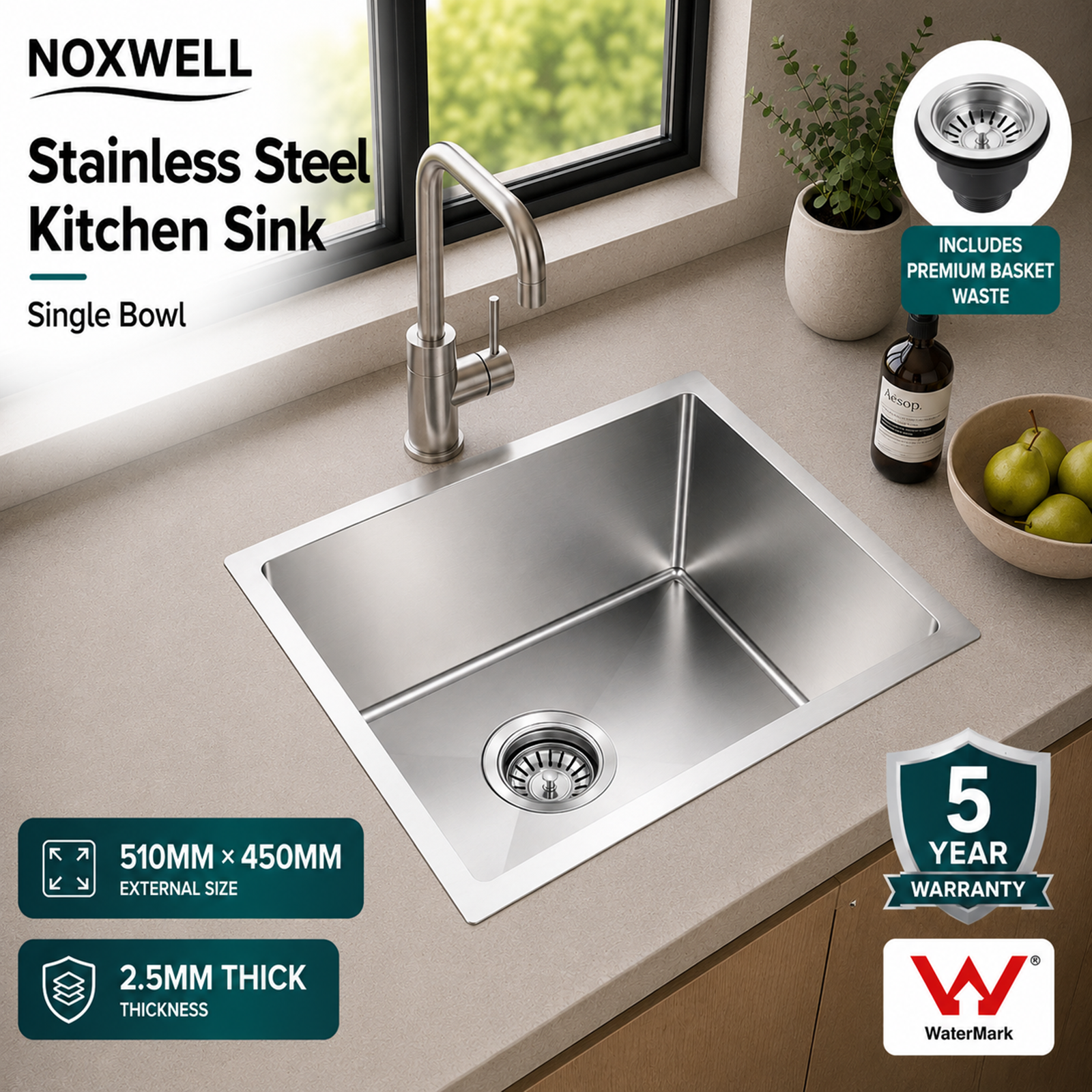 510x450mm stainless steel kitchen sink single bowl brushed silver
