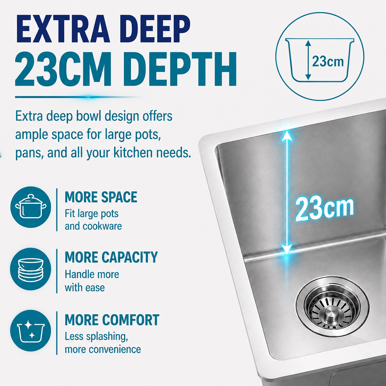 Noxwell 510x450mm stainless steel kitchen sink with 230mm extra deep single bowl