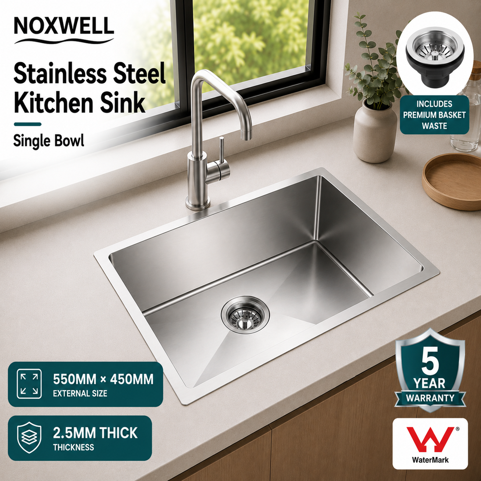 Noxwell 550×450mm Brushed Stainless Steel Kitchen Sink Single Bowl